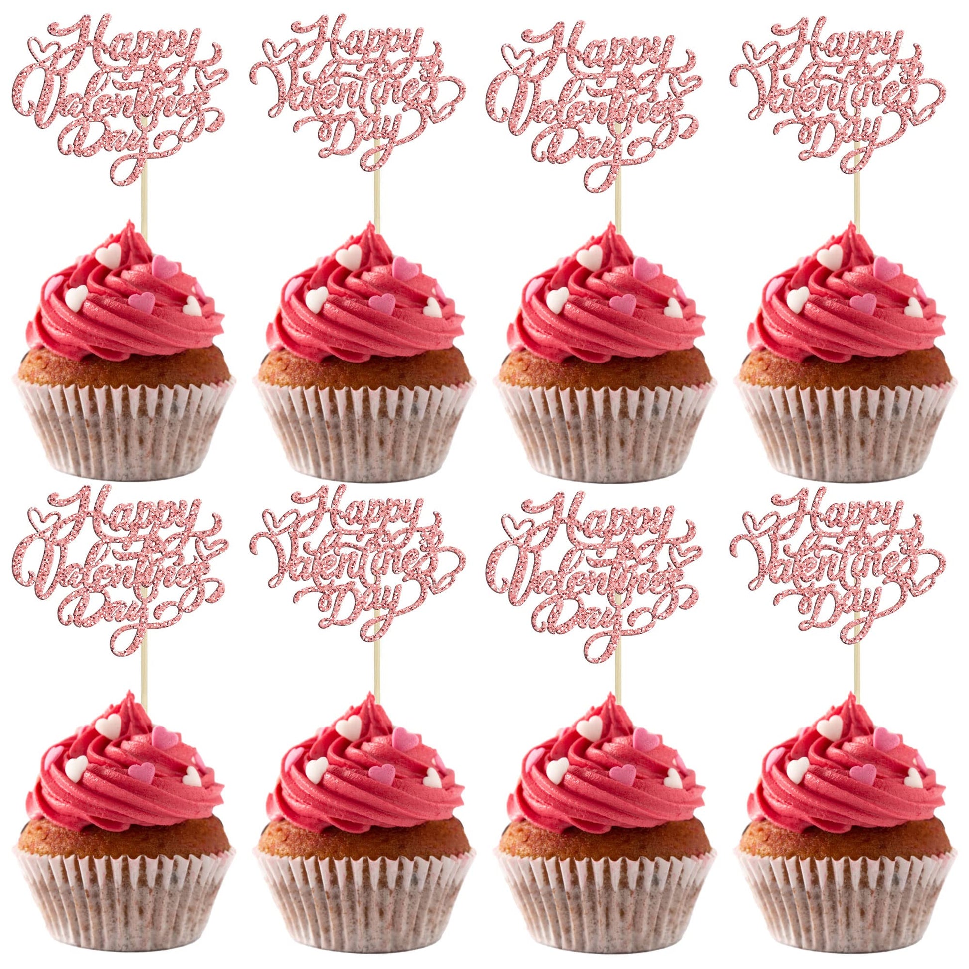 Gyufise 24Pcs Happy Valentines Day Cupcake Toppers Rose Gold Glitter Valentines Day Cupcake Food Decor For Wedding Anniversary V