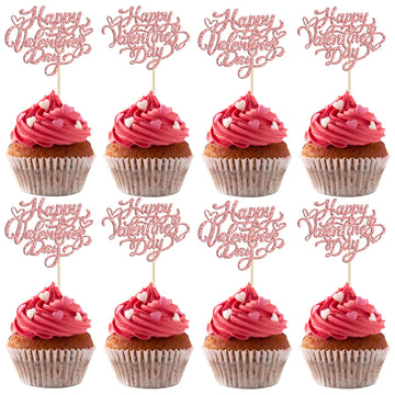 Gyufise 24Pcs Happy Valentines Day Cupcake Toppers Rose Gold Glitter Valentines Day Cupcake Food Decor For Wedding Anniversary V