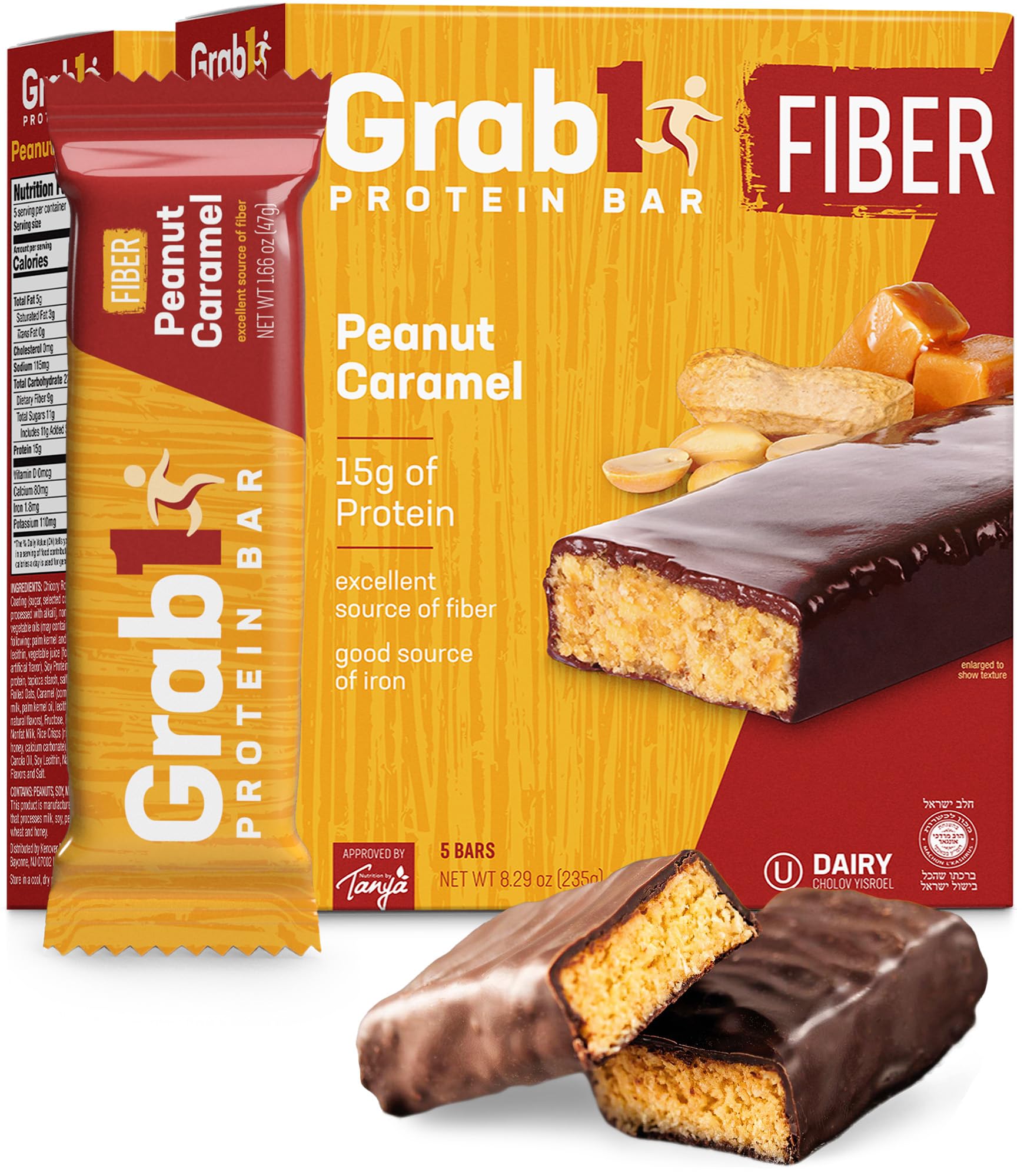 Grab1 High Fiber Protein Bars | 9 Grams Fiber | 10 Grams Protein | Peanut Caramel Flavor (2 Pack - 10 Bars) Controls Hunger | De