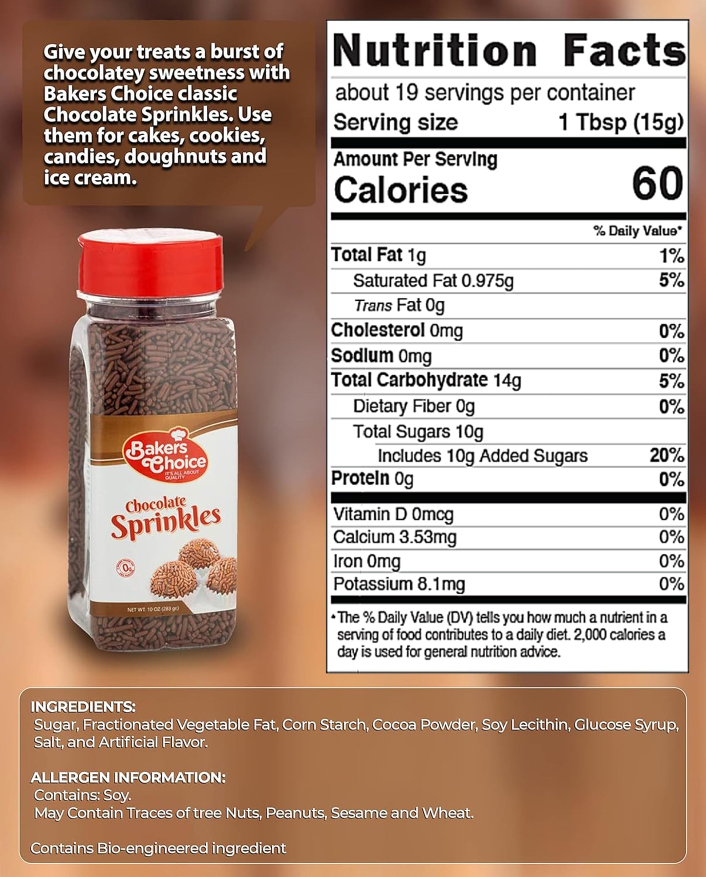Bakers Choice Chocolate Sprinkles For Ice Cream Toppings - Chocolate Jimmies Sprinkles For Baking - Dairy Free, Kosher 10 Oz.