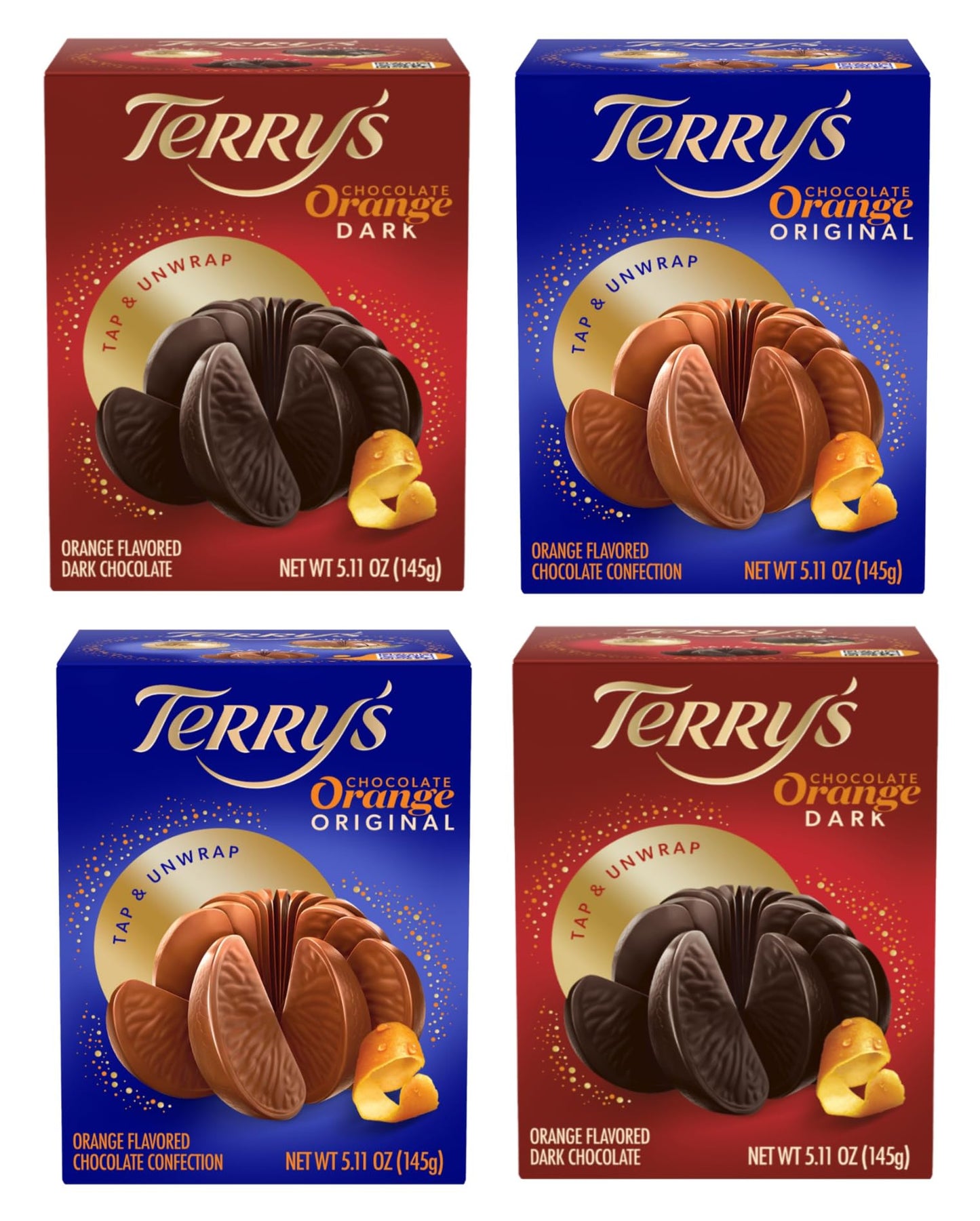 Terrys Chocolate Orange Variety Pack of 4 - Two of Each - Milk Chocolate and Dark Chocolate - 5.11 oz Per Ball - Perfect for Sharing with Friends and Family