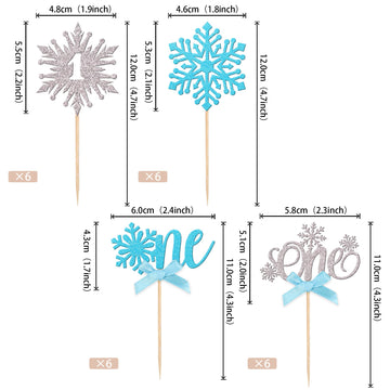 24 Pcs Snowflake One Cupcake Toppers With Glitter Bow First Birthday Snowflake Cupcake Picks For Winter Onederland Theme Baby Sh