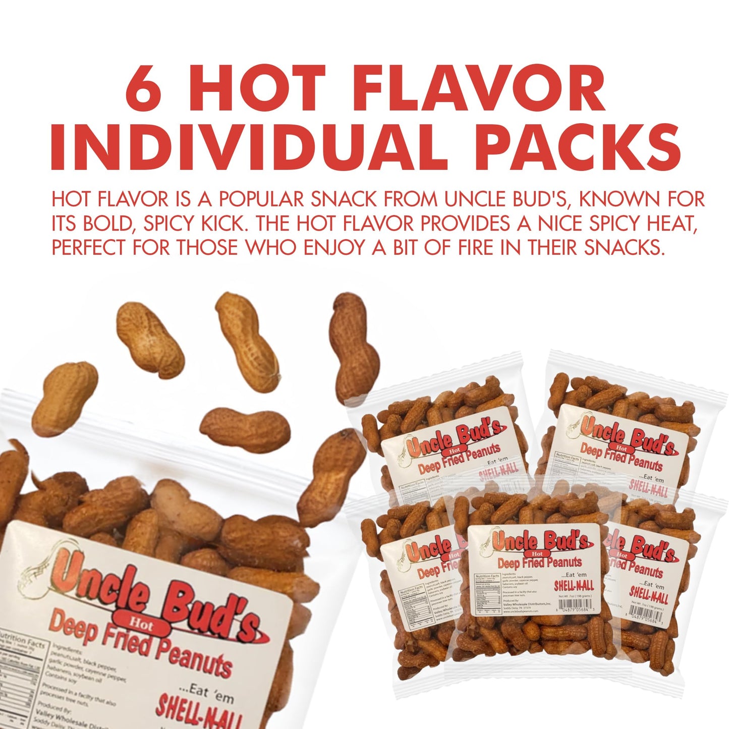 Uncle Bud'S Hot & Spicy Deep Fried Peanuts In Shell (6-Pack) | Premium Flavored Peanuts Variety Combo | Individual Snack Packs |