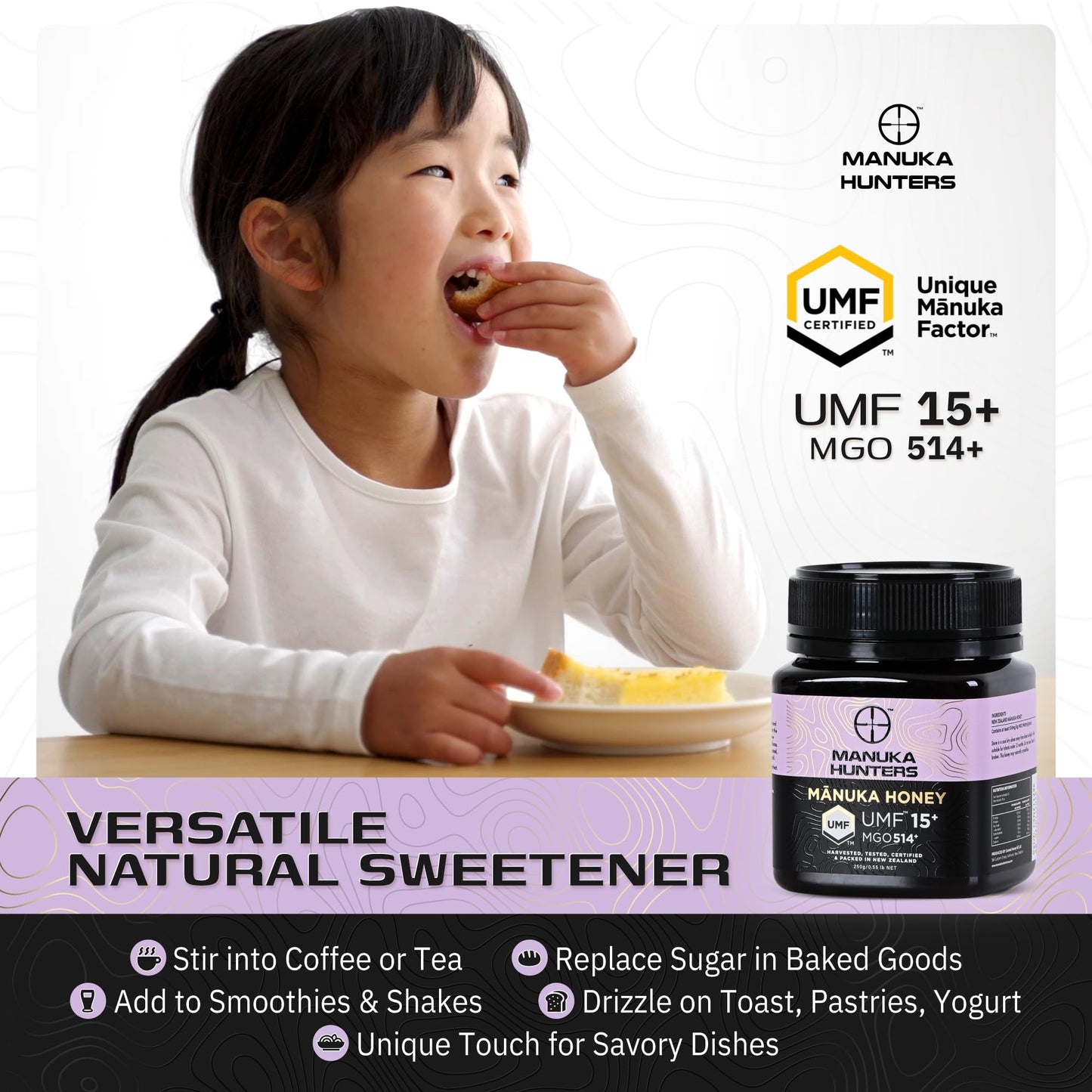 Manuka Hunters Umf 15+/Mgo 514+ Certified New Zealand Manuka Honey - 100% Pure Natural Sweetener - Gluten, Dairy Free - Ideal Fo