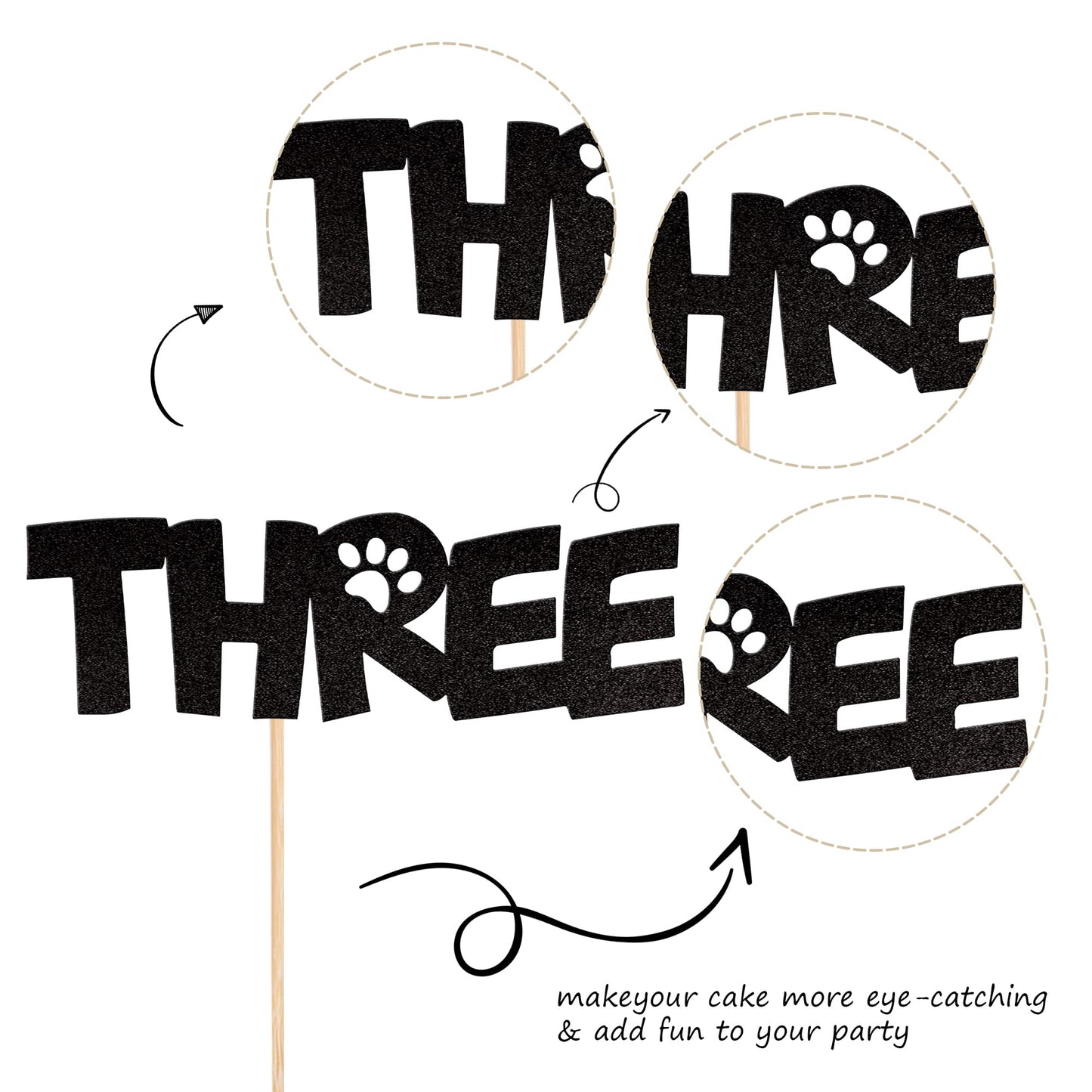 1 Pcs Three Cake Topper Black Glitter Dog Paw 3 Years Old Birthday Cake Pick Decorations For Puppy Dog Let'S Pawty For Kids Boys