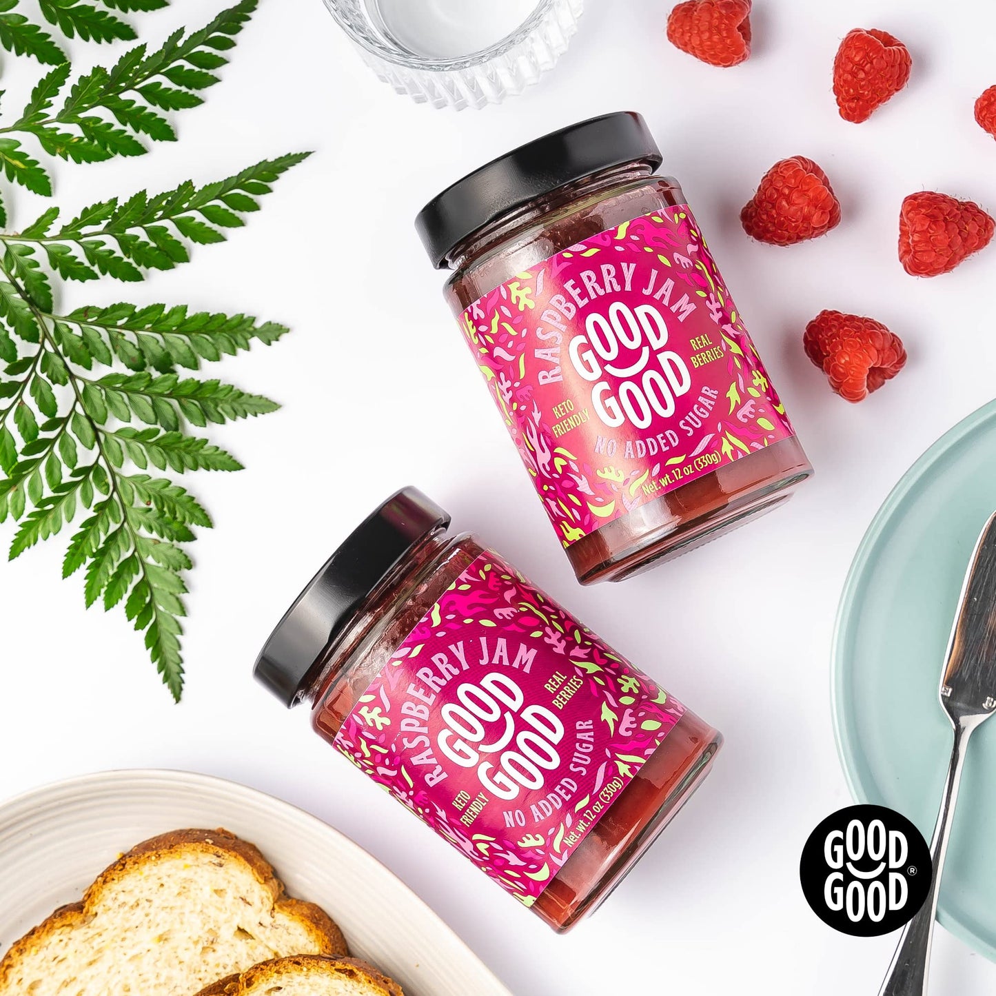 Good Good No Added Sugar Raspberry Jam - Keto Friendly Jelly - Low Carb, Low-Calorie And Vegan - Diabetic Friendly - 12Oz / 330G (Pack Of 2)