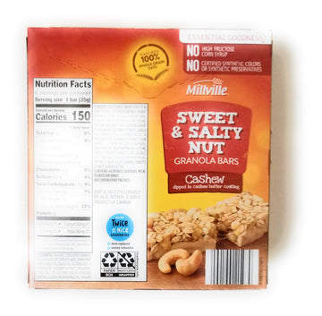 Millville Sweet & Salty Nut Granola Bars | 100% Whole Grain Oats | 7.4 oz (6 bars x 1.2 oz) | Pack of 1 (Cashew)