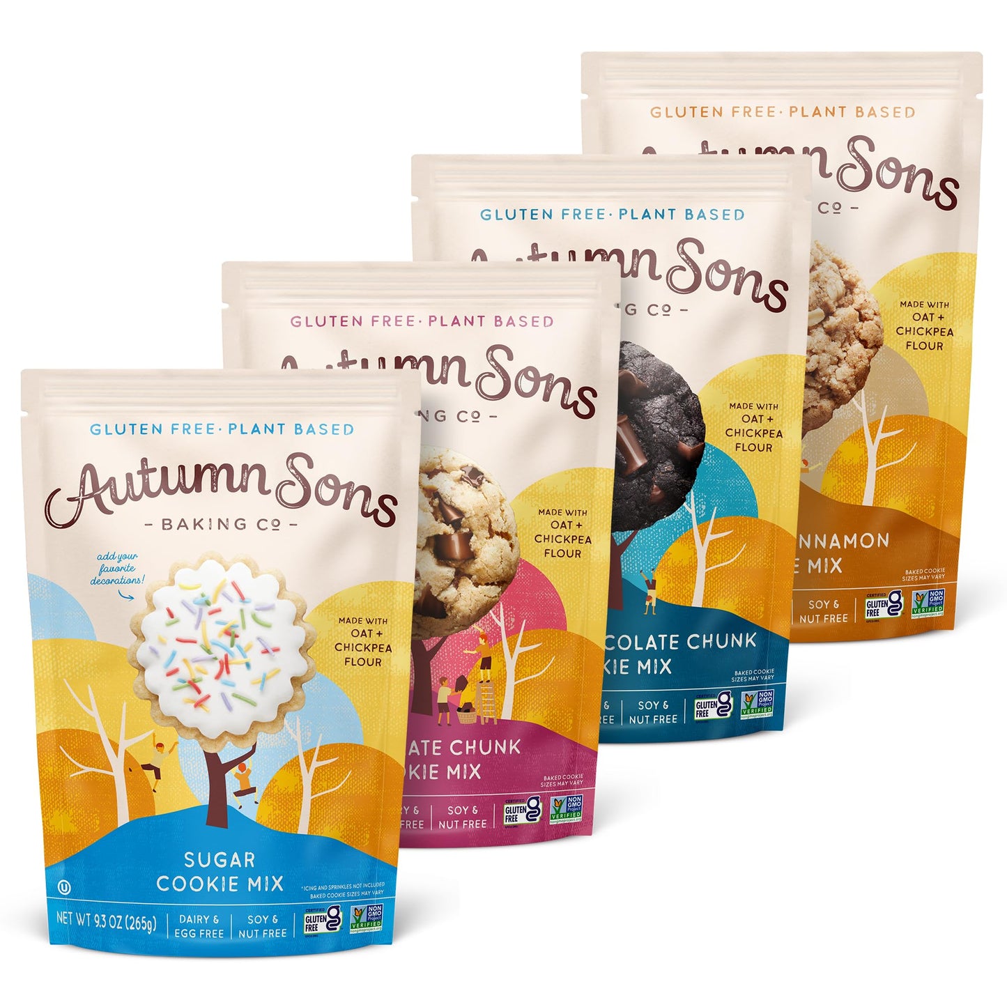 Autumn Sons Baking Co. Gluten Free Cookie Mix Variety Pack. Sugar Cookie, Chocolate Chunk, Double Chocolate Chunk & Oatmeal Cinn