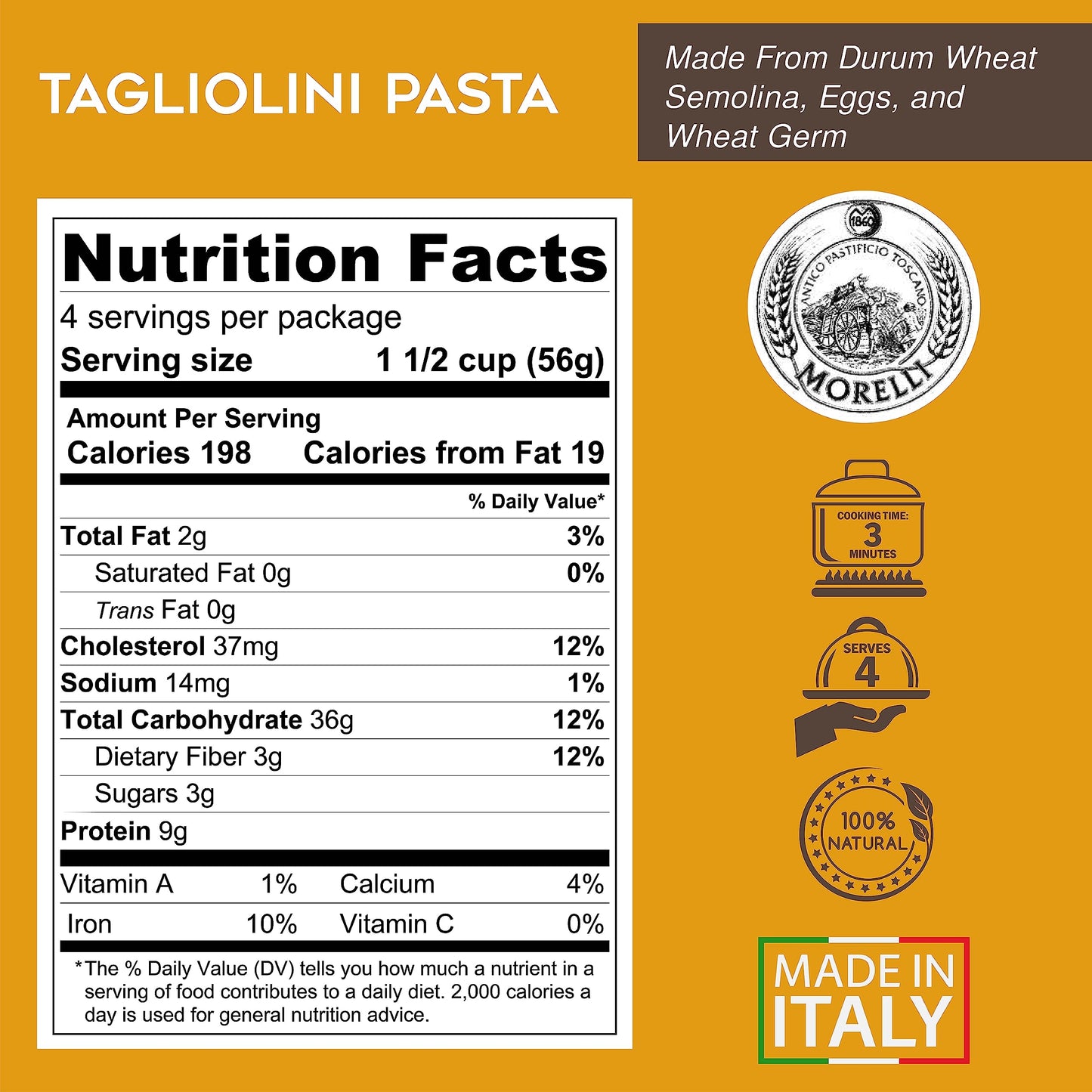MORELLI Egg Tagliolini Pasta - Handmade Italian Durum Wheat Noodles, 8.8 oz, Italian Egg Noodle Yellow, Pack of 1