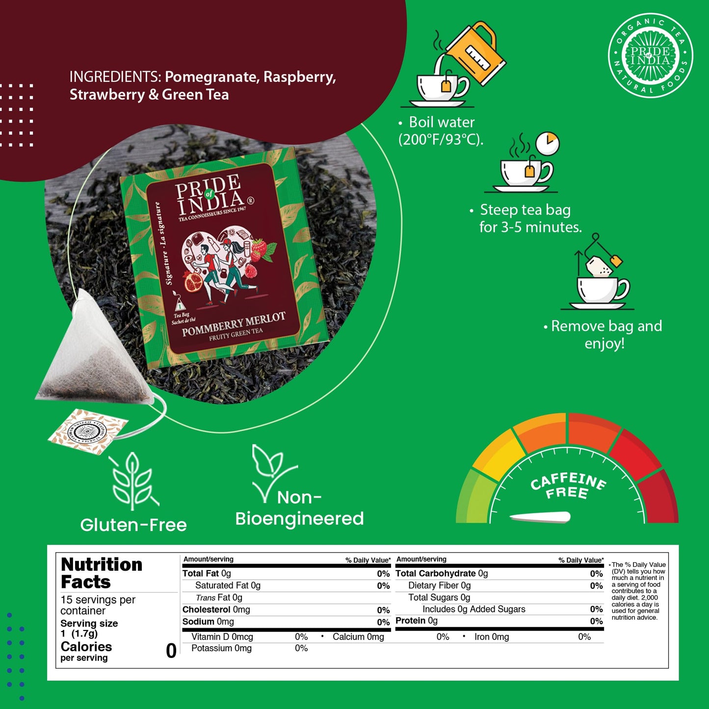 Pride Of India | Pommberry Wine-Inspired Fruity Green Tea | 15 Pyramid Full Leaf Individually Wrapped Tea Bags | Tangy & Fruity Flavor | Vibrant & Uplifting Experience | Caffeine Free, Non-Bioengineered