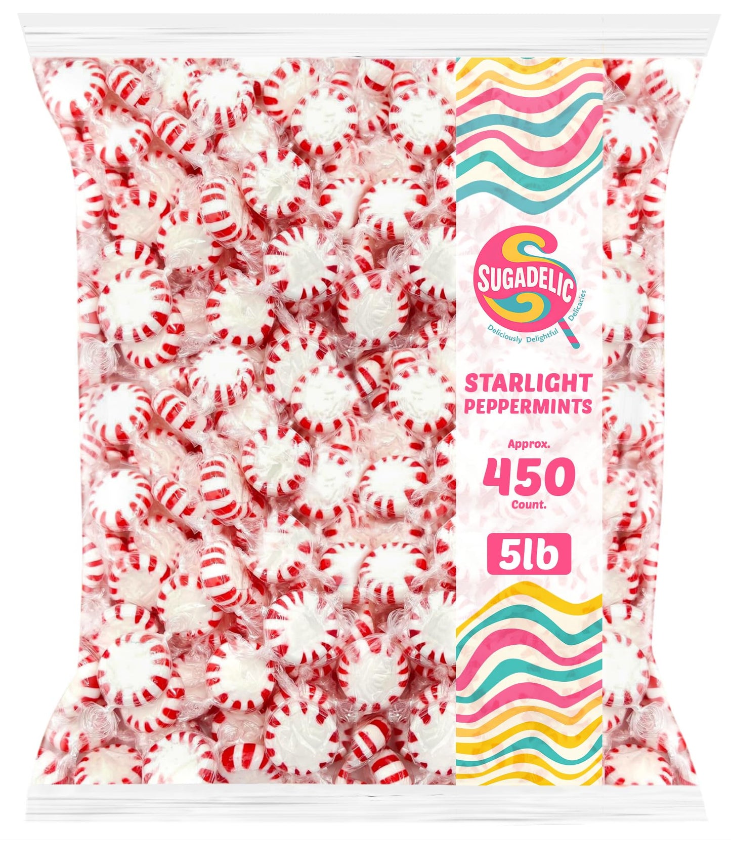 SUGADELIC Bulk Starlight Peppermints Hard Candy - 5 lb Bag, Approx. 450 Individually Wrapped Discs for Parties & Holiday Treats