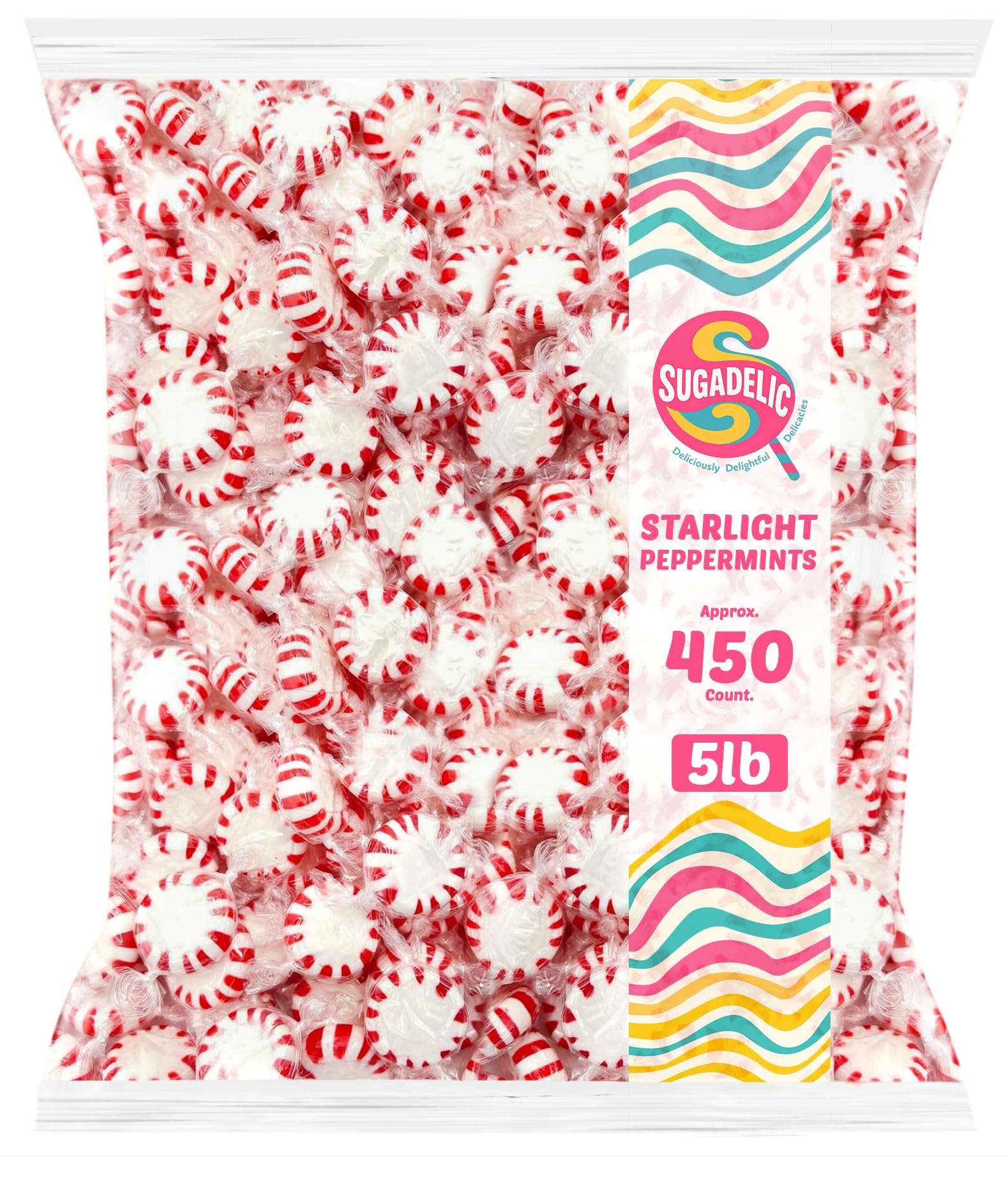 SUGADELIC Bulk Starlight Peppermints Hard Candy - 5 lb Bag, Approx. 450 Individually Wrapped Discs for Parties & Holiday Treats