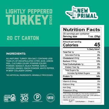 New Primal Lightly Peppered Turkey Sticks, Keto, Gluten Free Healthy Snacks, Sugar Free Low Carb High Protein, Jerky Meat Stick,