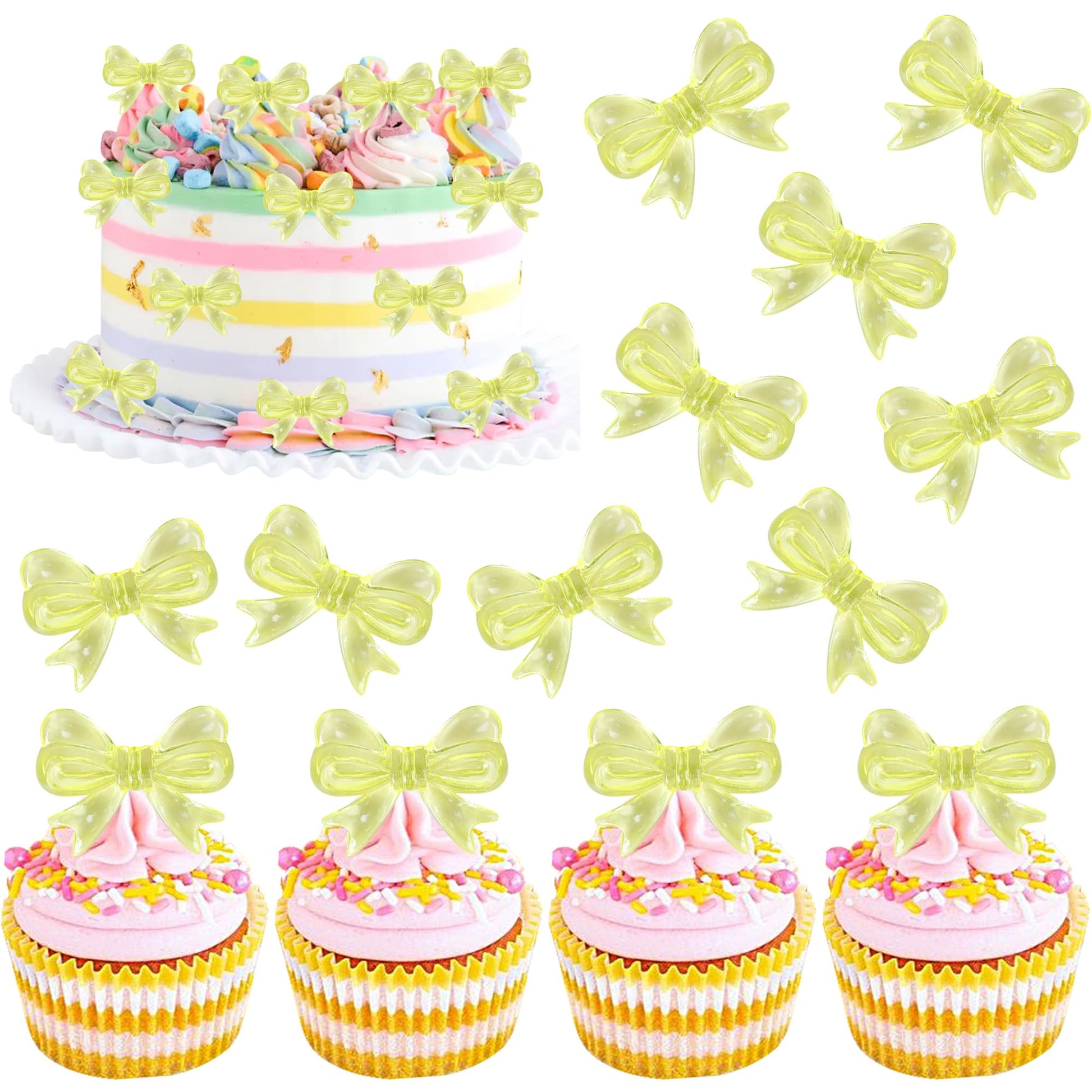 YCTHUNFISH 30 Pack Pink Bow Cupcake Toppers Decorations for Wedding, Bridal Shower, Birthday Party - Yellow