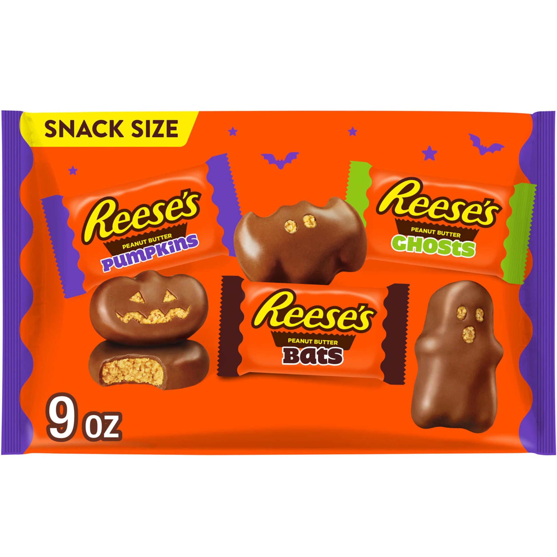 REESES Assorted Milk Chocolate Snack Size Peanut Butter Shapes, Halloween Candy Bag, 9 oz