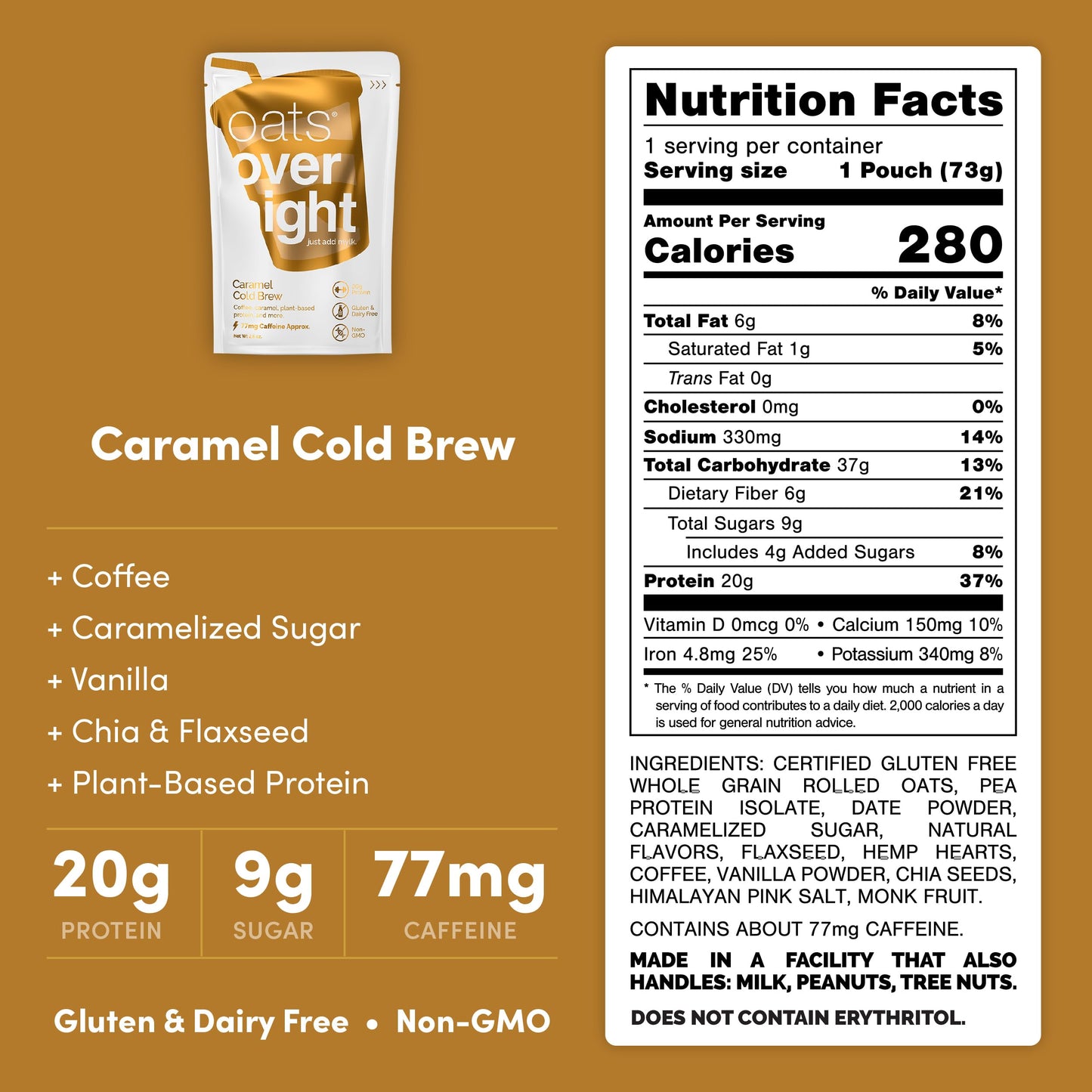 Oats Overnight Caramel Cold Brew Vegan Breakfast Shake, 20g Protein, Gluten Free, 2.6 oz (Pack of 16)