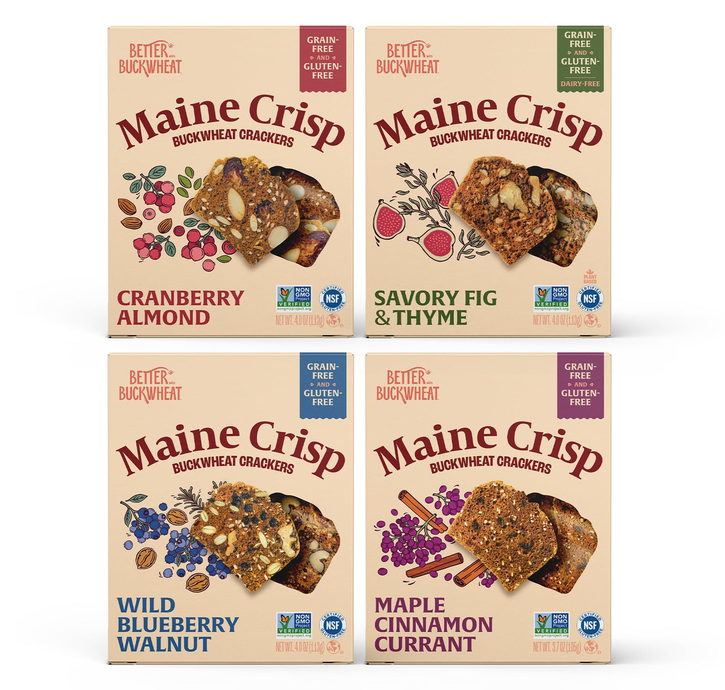 Maine Crisp Variety 4 Pack  Gluten Free ers - Snack ers  Grain Free  Non-GMO - Cranberry Almond  Cinnamon Maple  Savory Fig & Thyme  Wild Blueberry Walnut  For Cheese Boards  Salad Toppings & Jams