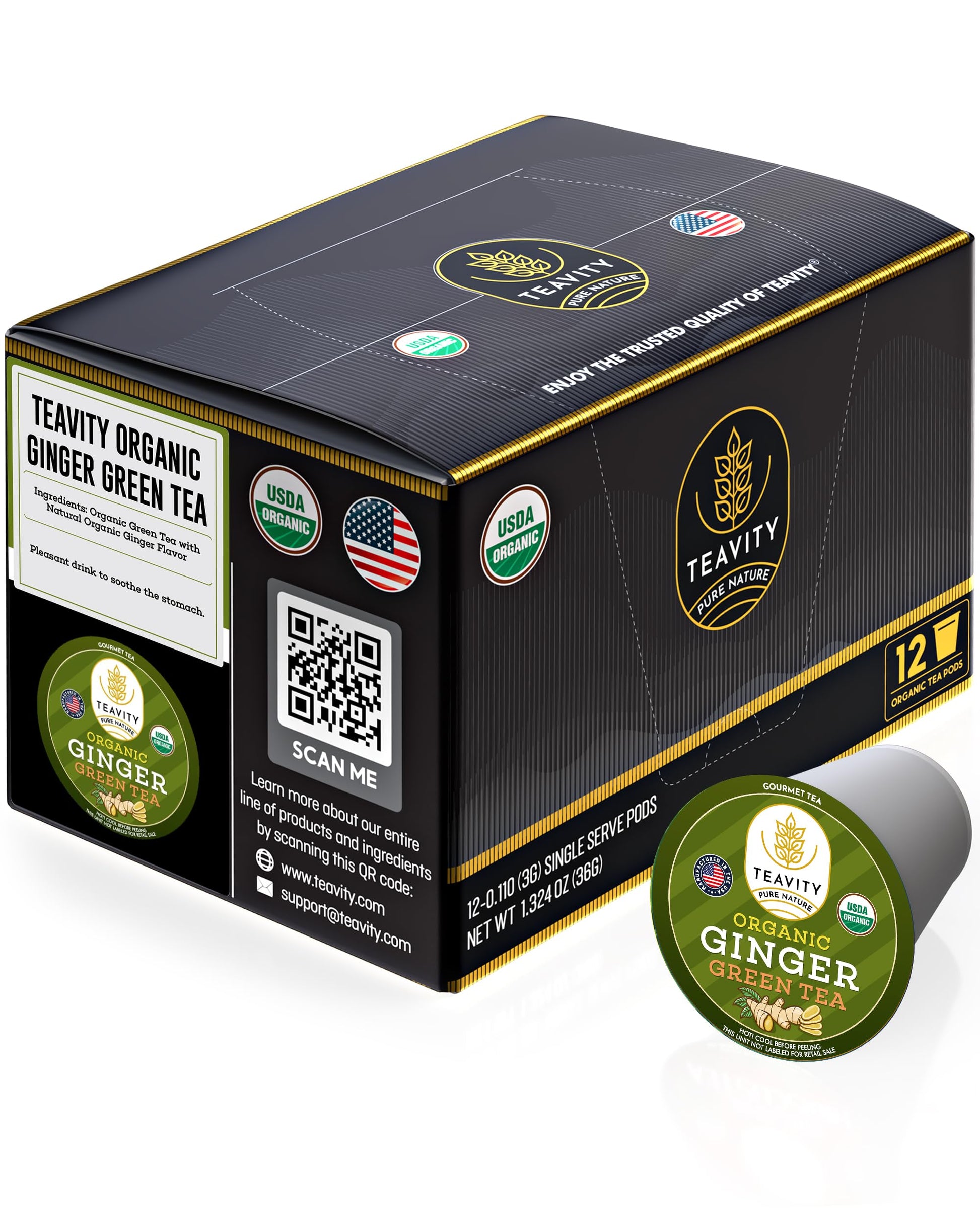 Teavity Green Tea & Ginger Tea Pods - Organic, Dye Free, Unsweetened - 12 Count for K Cup Machines