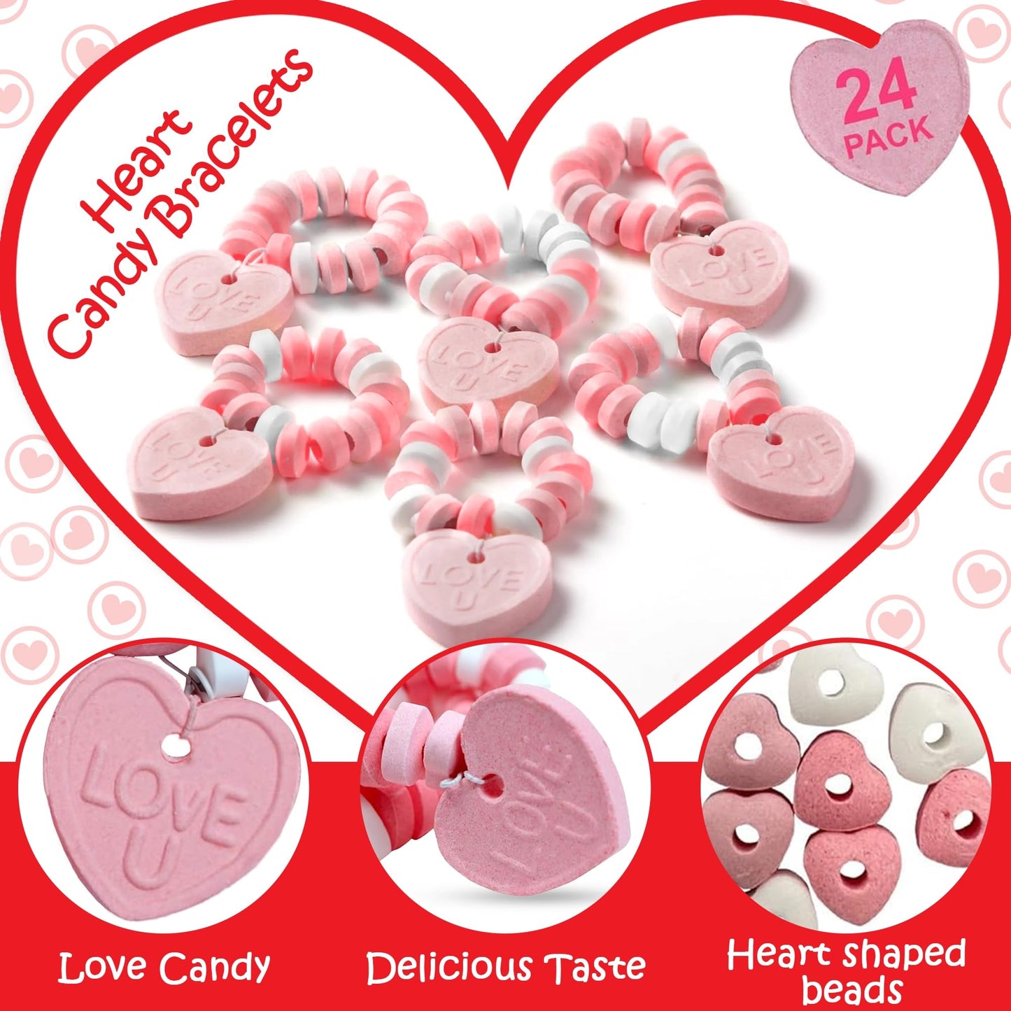 24 Heart Candy Bracelets - 15g Candy Bracelet Individually Wrapped - Heart Shaped Candy - Great for Candy Bags and Party Favors
