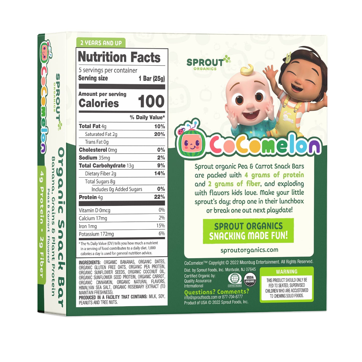 Cocomelon Sprout Organic Baby Food, Toddler Snacks, Bananas, Peas And Carrots Snack Bar (6 Pack)