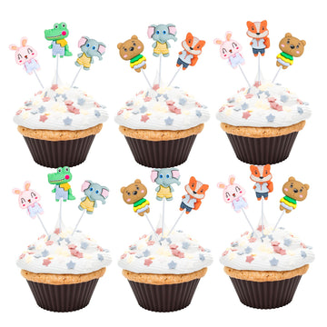 Gyufise 25Pcs Jungle Safari Animal Cupcake Toppers Rabbit Fox Elephant Bear Cupcake Pick Decorations for Jungle Theme Baby Showe