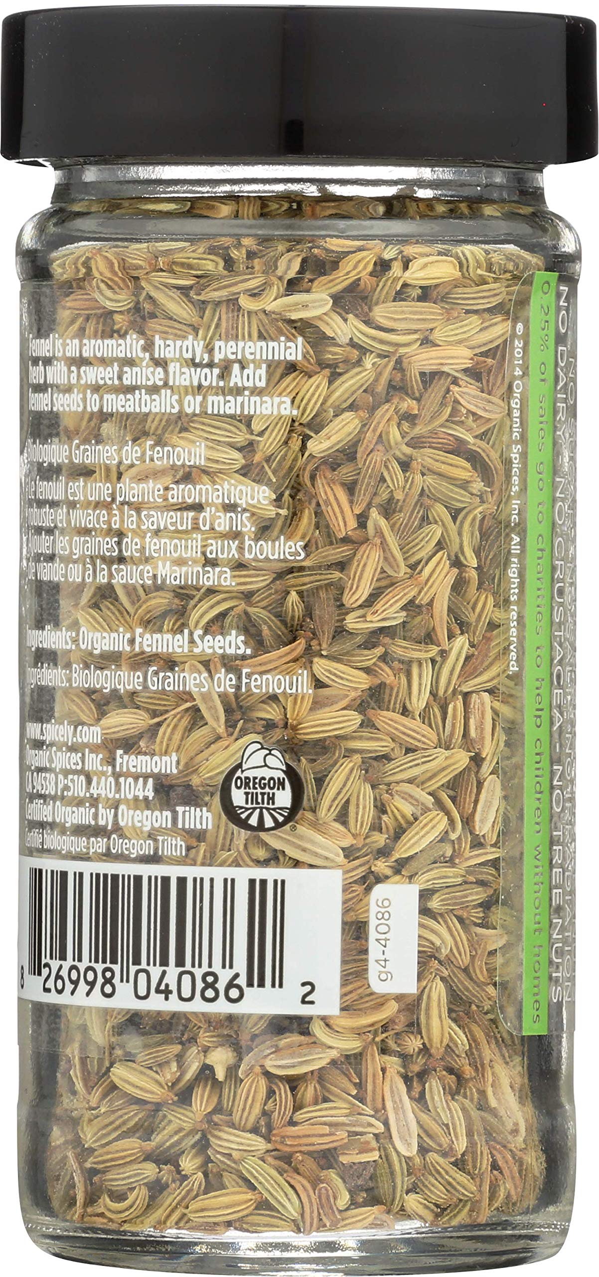 Spicely Organic Fennel Seeds Whole 1.10 Ounce Jar Certified Gluten Free