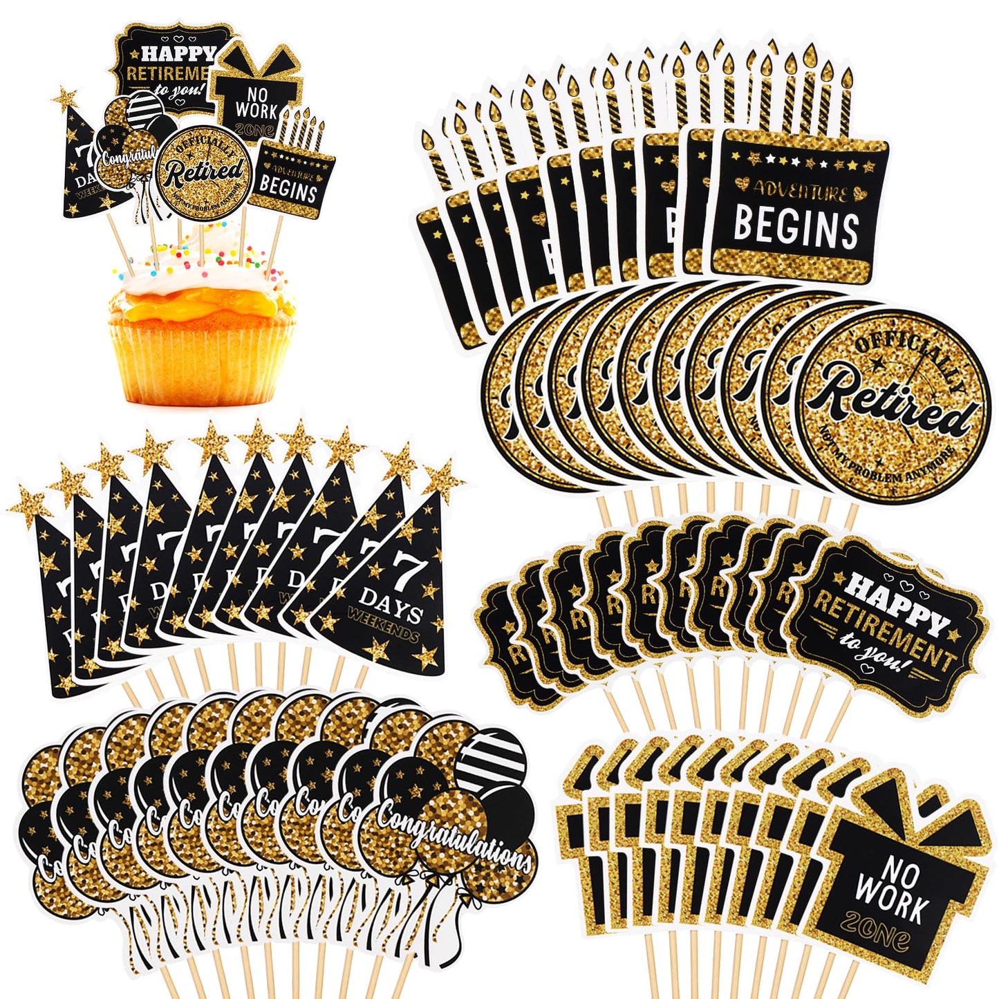 60 Pcs Happy Retirement Cupcake Toppers, Gold Retired Cake Toppers Picks Retirement Cupcake Toppers Retirement Decoration Happy
