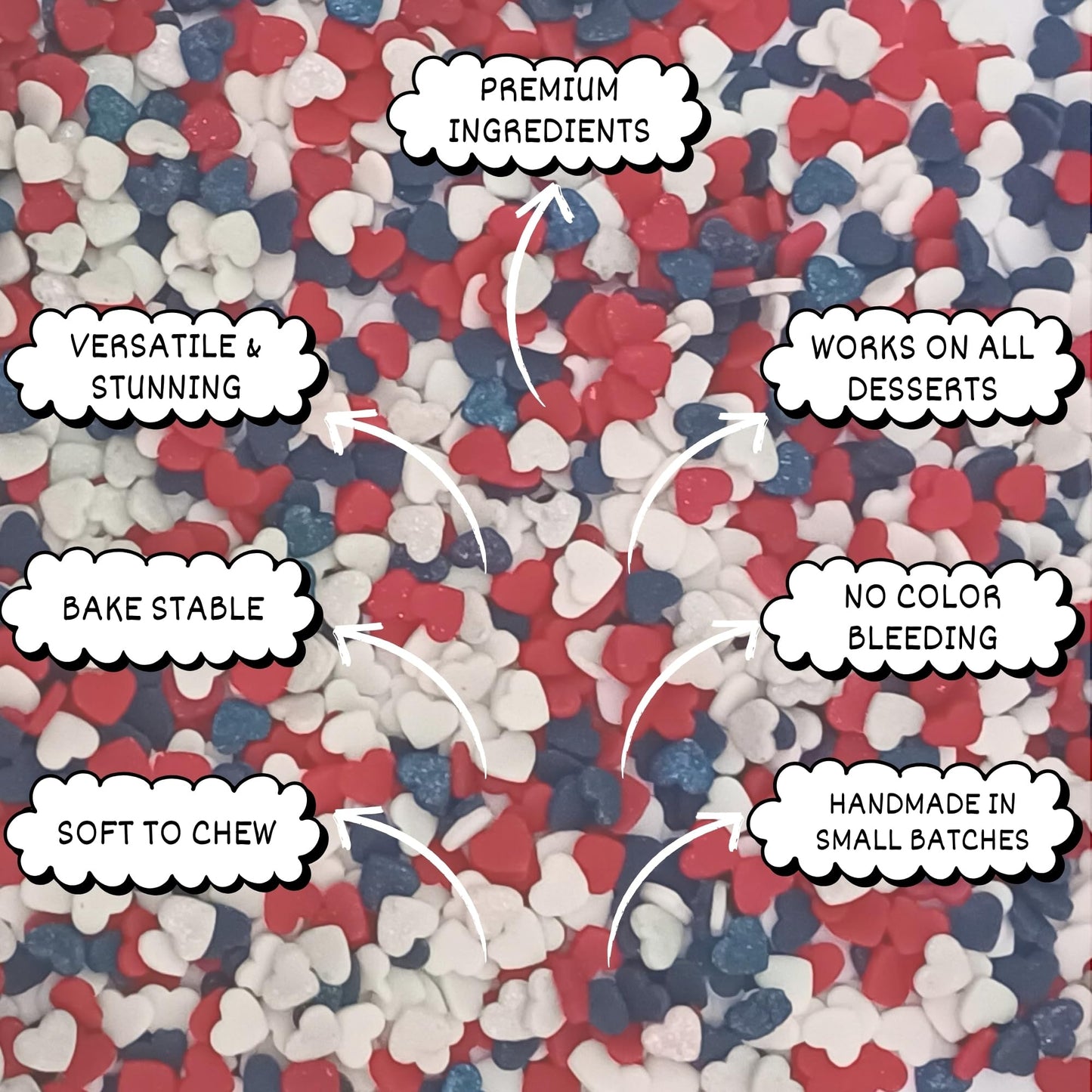 Confect Heart Dessert Sprinkles – Edible Baking Sprinkles for Cake Decorating, Vegan & Gluten-Free – 4.2 Oz, Red, White & Navy Blue