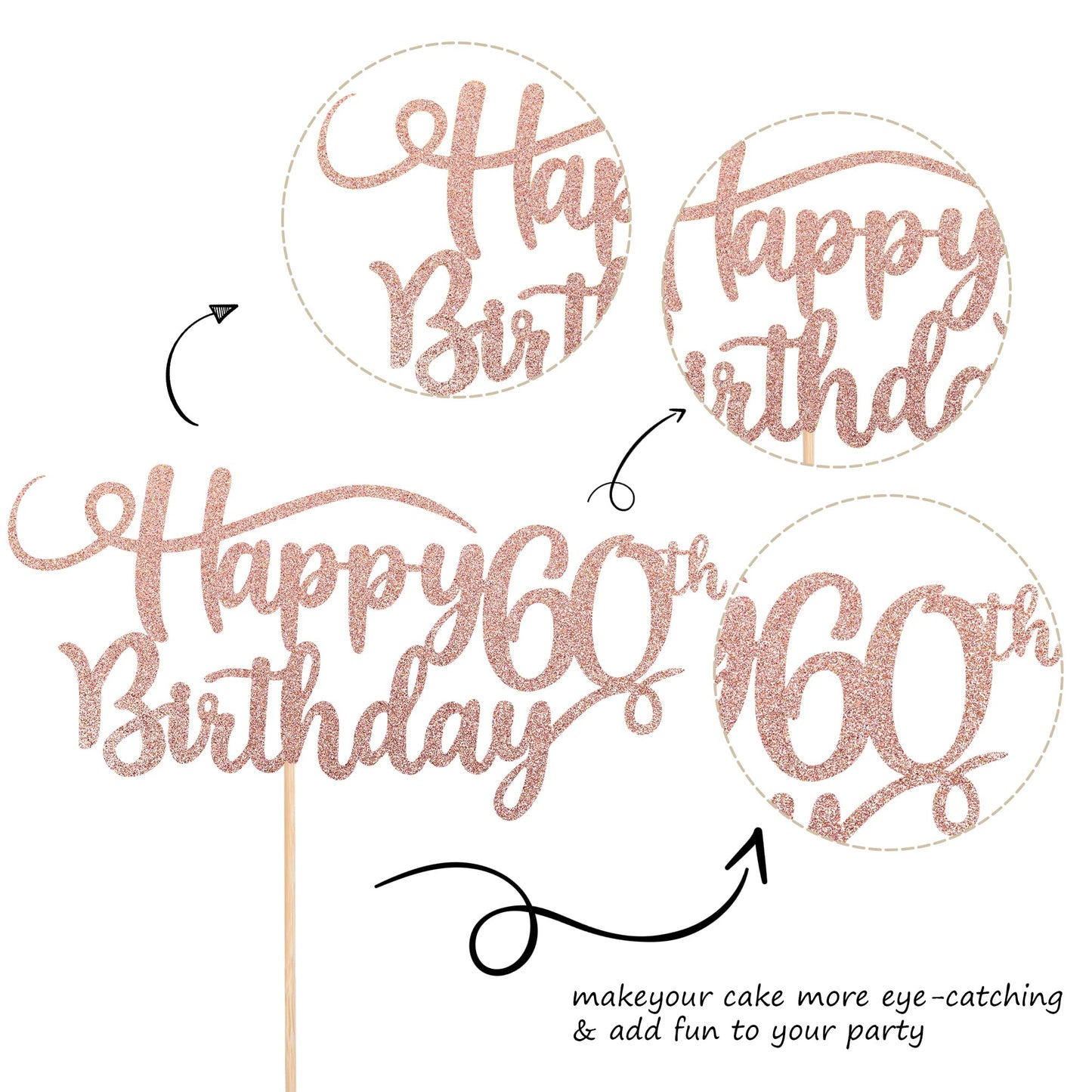 Rssta i Happy 60th Birthday Cake Topper, Rose Gold Glitter, Model XM042, Party Decoration, Number 60