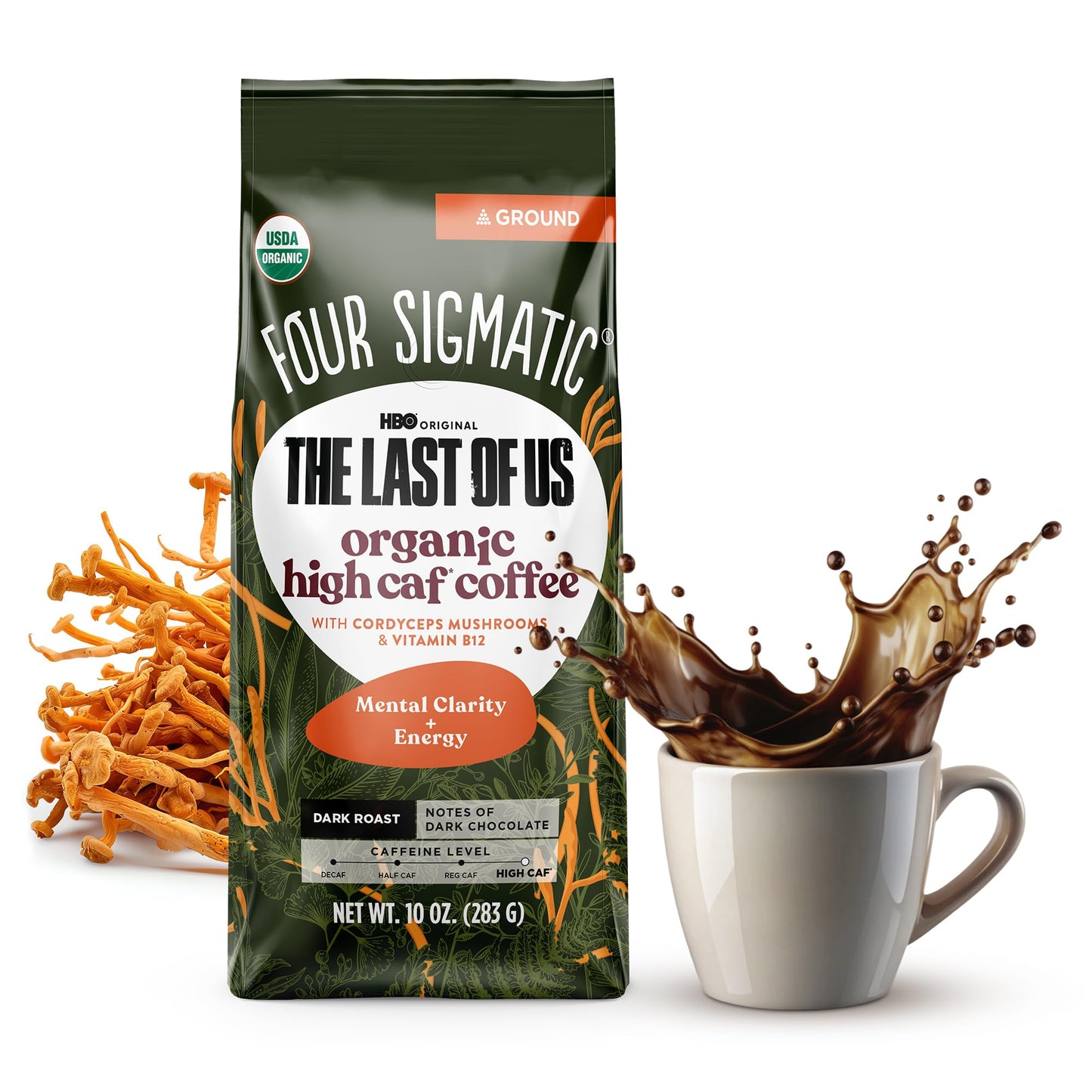 Four Sigmatic The Last Of Us High Energy Blend Cordyceps Coffee | Organic Dark Roast Extra Strong Ground Coffee With L-Theanine | Energy Booster Without The Jitters | 10Oz Bag