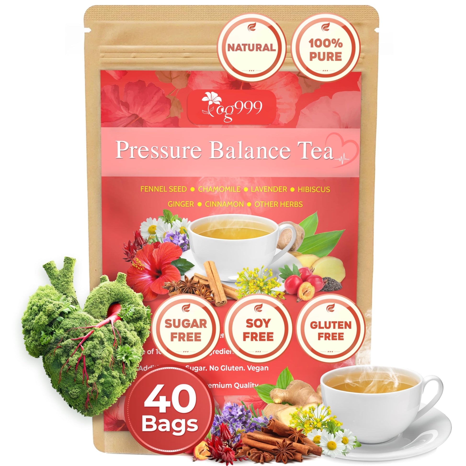 TOG999 Upgraded Herbal Tea - Caffeine-Free, Vegan-Friendly, 40 Tea Bags - 3.5 oz, Blend of 9 Natural Herbs