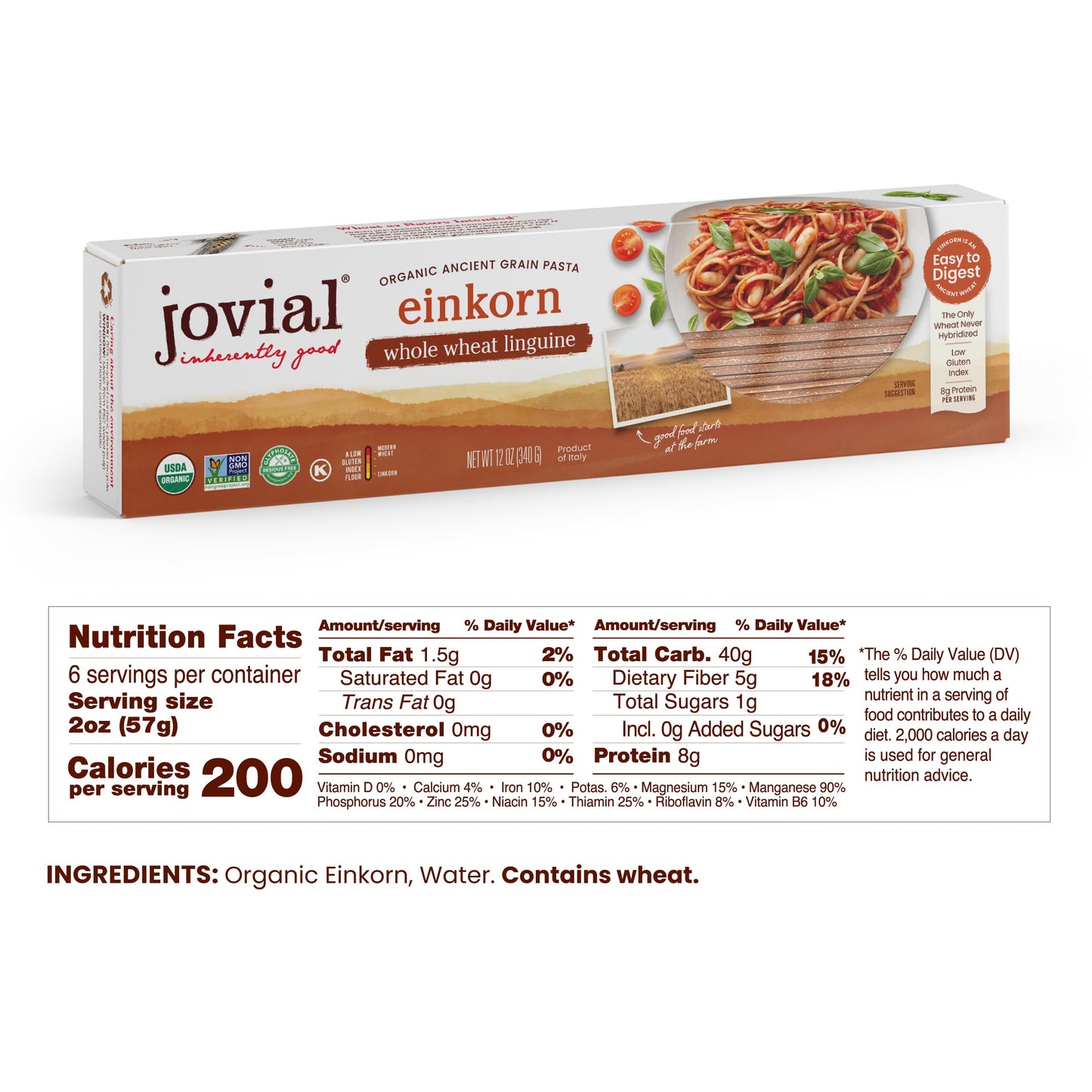 Jovial Organic Whole Wheat Einkorn Linguine, 12-Ounce Packages (Pack of 6)