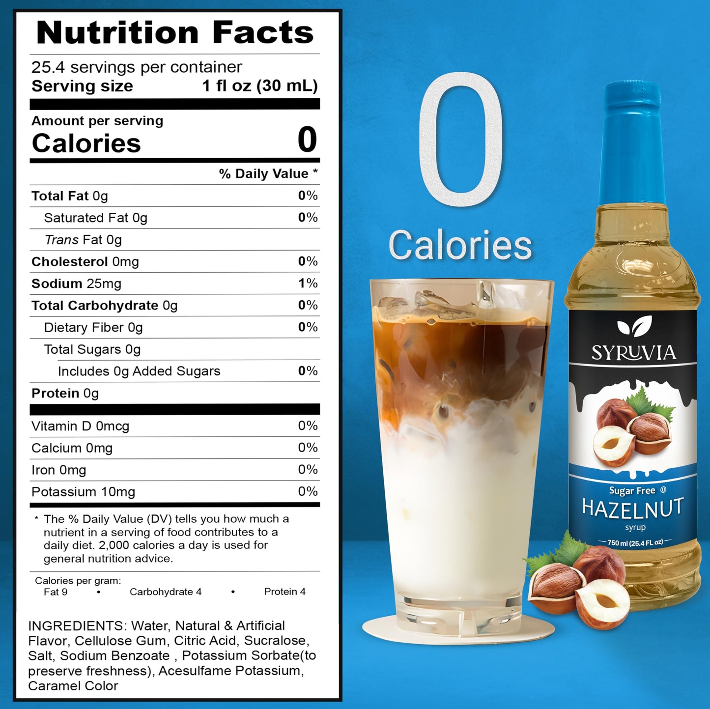 Syruvia Sugar Free Hazelnut Syrup With Syrup Pump Dispenser - Hazelnut Coffee Syrup Flavor, 25.4 Fl Oz, Kosher, Gluten Free, Per