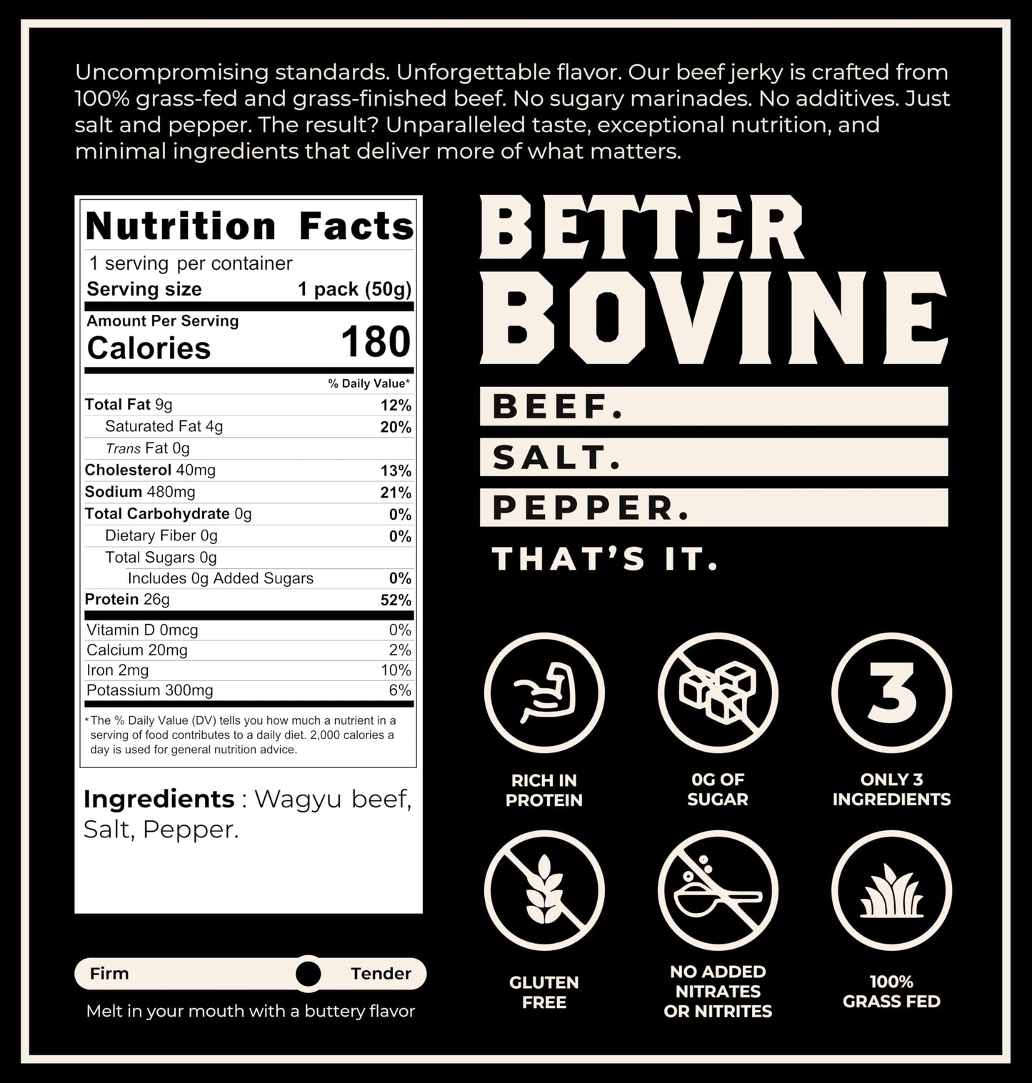 BETTER BOVINE Grass Fed Wagyu Beef Jerky, Keto, Paleo, Low Carb, High Protein, Gluten Free, Sugar Free, Non-GMO, Nitrate Free, P