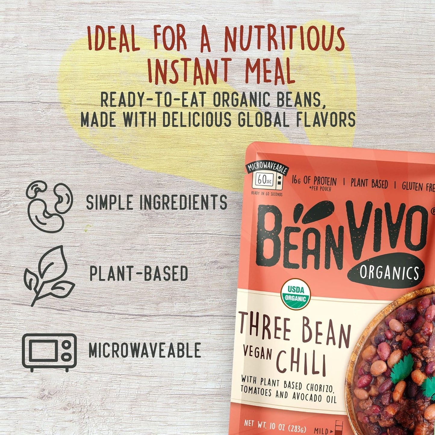 BeanVIVO (Pack of 12) Organics Plant based Protein Three Bean Vegan Chili - Good Source of Fiber - Nutritious & Microwave Meals