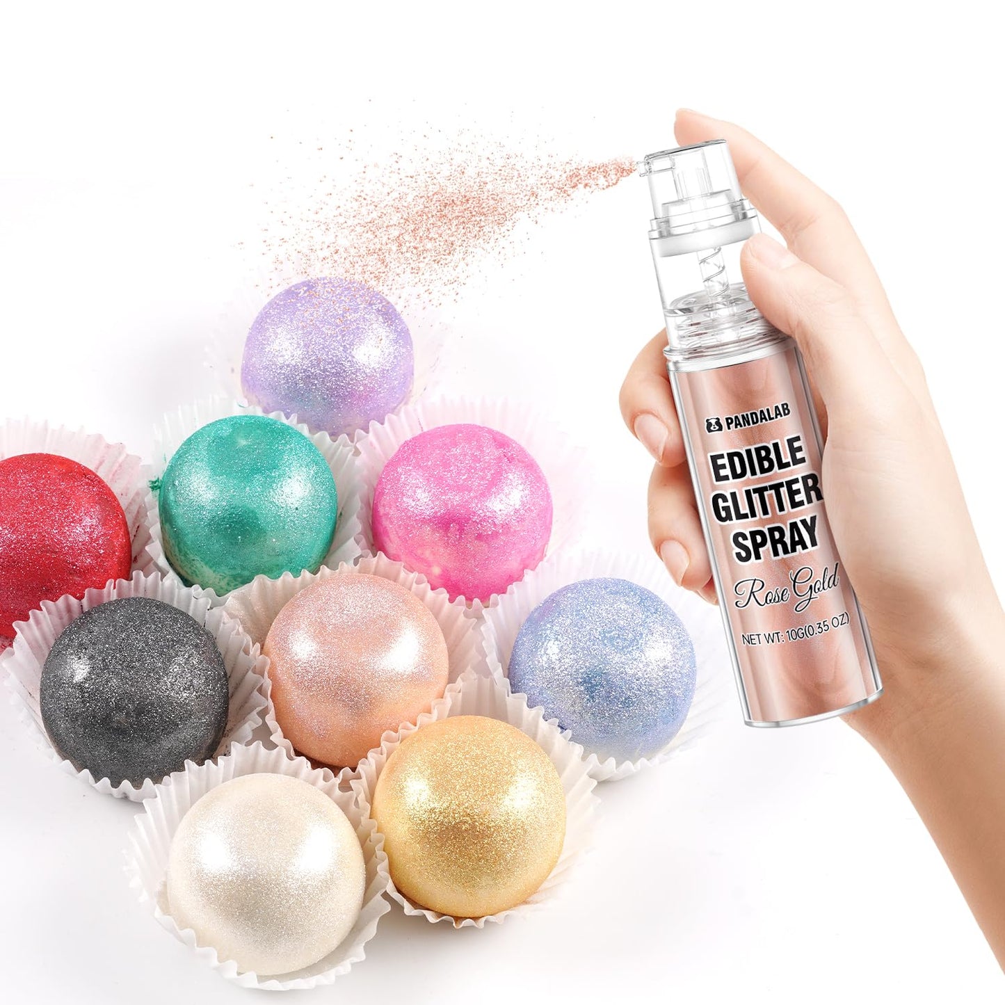 Pandalab Edible Glitter Spray - Food Grade Luster Dust for Drinks & Desserts - 0.35oz - White & Rose Gold