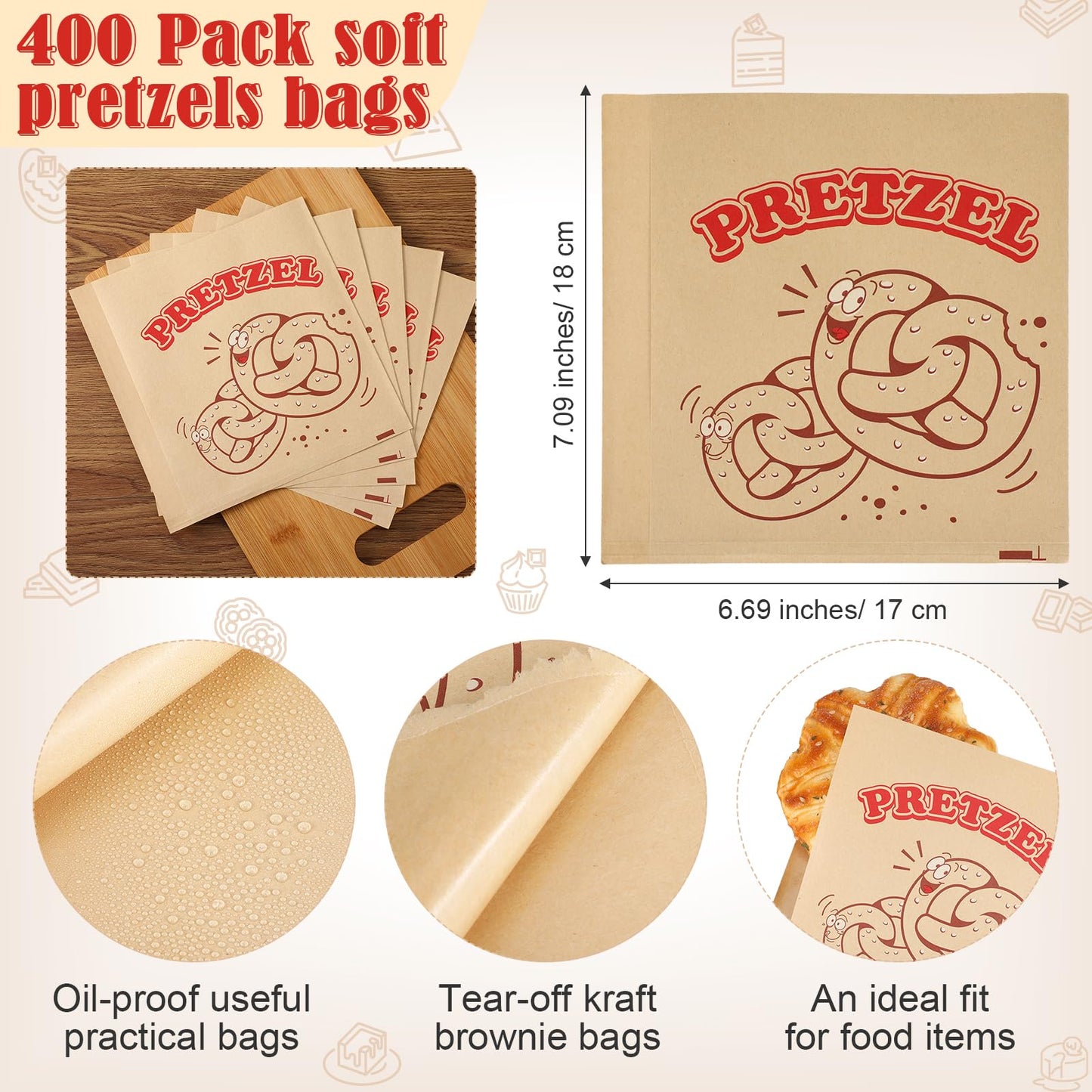 Colarr Soft Pretzel Bags, Grease Resistant Paper Sandwich Wrappers, 6.69 x 7.09 Inch, Brown, 400 Pcs, Patterned Style