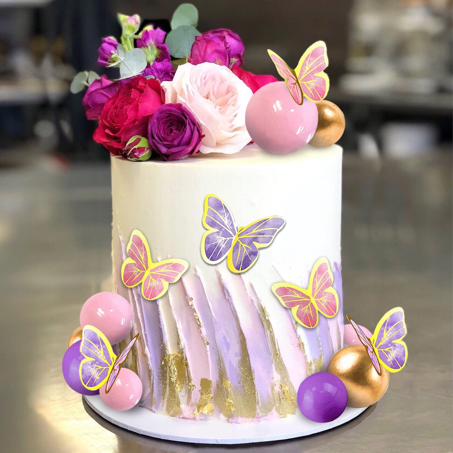 51 Pcs Pink Purple Balls Cake Toppers Butterfly Cake Decorations Happy Birthday Cake Topper For Wedding Baby Shower Birthday Flo