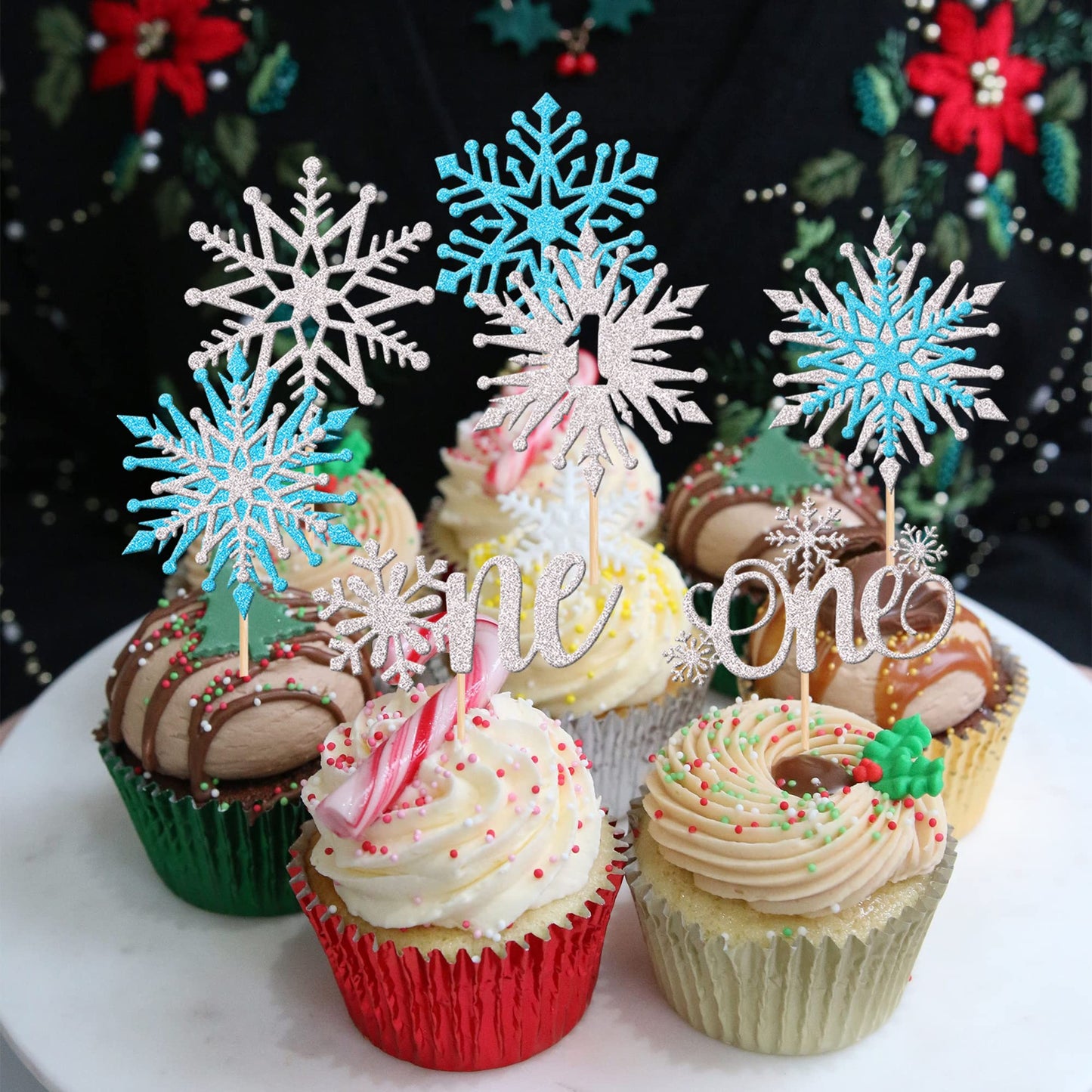 28 Pcs One Snowflake Cupcake Toppers Glitter Winter Snowflake 1St Birthday Cupcake Picks First Birthday Snowflake Cake Decoratio