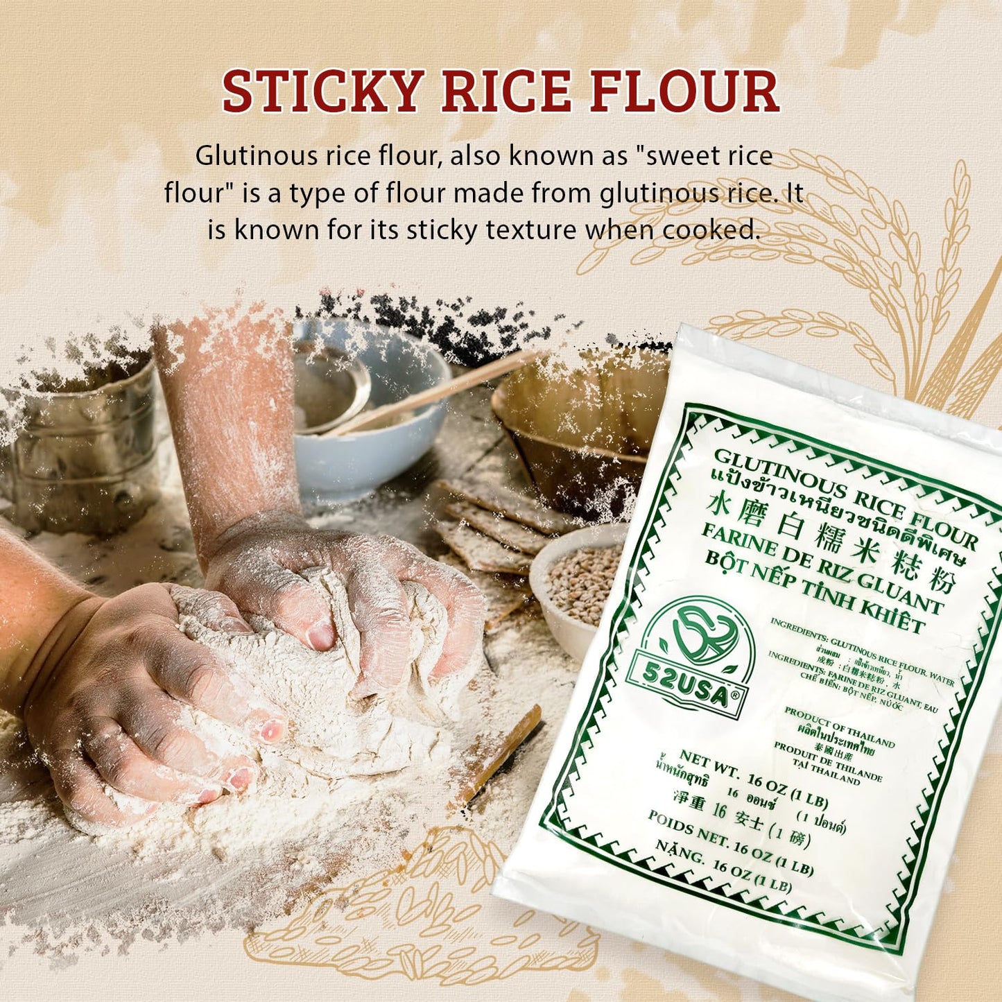52Usa Glutinous Rice Flour 16 Ounce (Basic), 1 Pound (Pack Of 1), Rice Flour For Baking Or Cooking, Product Of Thailand, All Nat