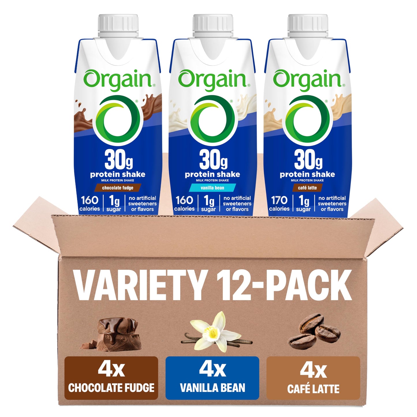 Orgain 30G High Protein Shake Variety Pack  Dairy Isolate Milk Protein  5G Bcaas  1G Sugar Per Serving  Energy Blend  Meal Replacement  Ready To Drink  Chocolate  Vanilla  Caf? Latte  11 Fl Oz (12 Pack)