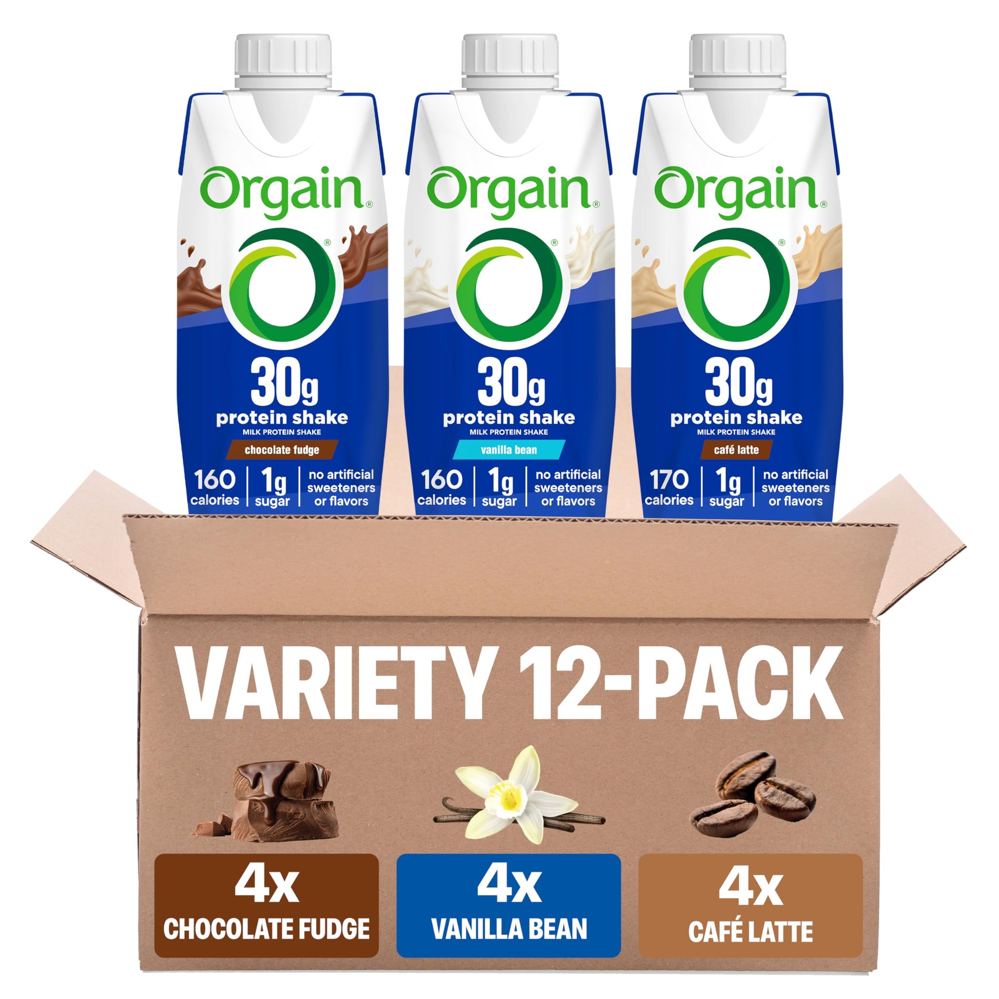 Orgain 30G High Protein Shake Variety Pack  Dairy Isolate Milk Protein  5G Bcaas  1G Sugar Per Serving  Energy Blend  Meal Replacement  Ready To Drink  Chocolate  Vanilla  Caf? Latte  11 Fl Oz (12 Pack)