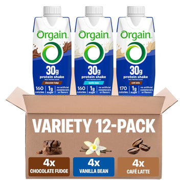 Orgain 30G High Protein Shake Variety Pack  Dairy Isolate Milk Protein  5G Bcaas  1G Sugar Per Serving  Energy Blend  Meal Replacement  Ready To Drink  Chocolate  Vanilla  Caf? Latte  11 Fl Oz (12 Pack)