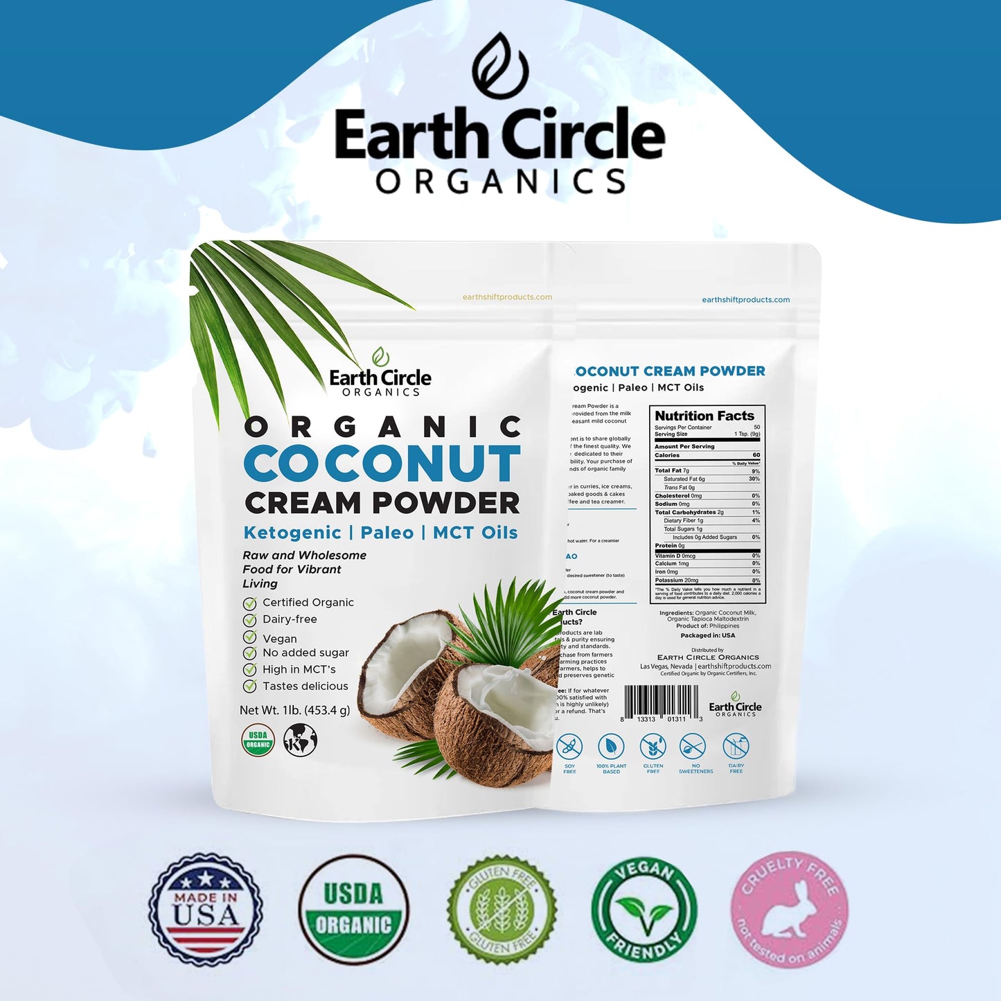 Earth Circle Organics Coconut Cream | Milk Powder, Coffee Creamer - High In Mct Oil, No Added Sugar, Gluten And Dairy Free, Heal