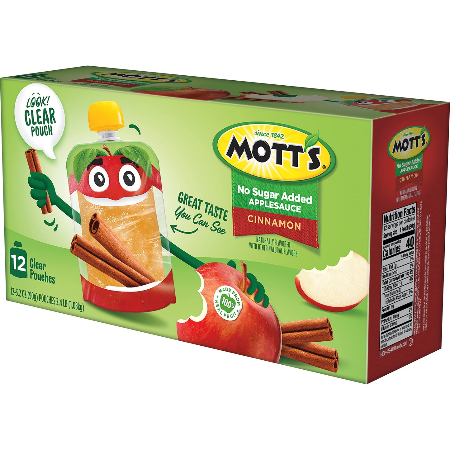 Mott s No Sugar Added Cinnamon Applesauce, 3.2 Oz Clear Pouches, 48 Count (4 Packs Of 12), Good Source Of Vitamin C, No Artific