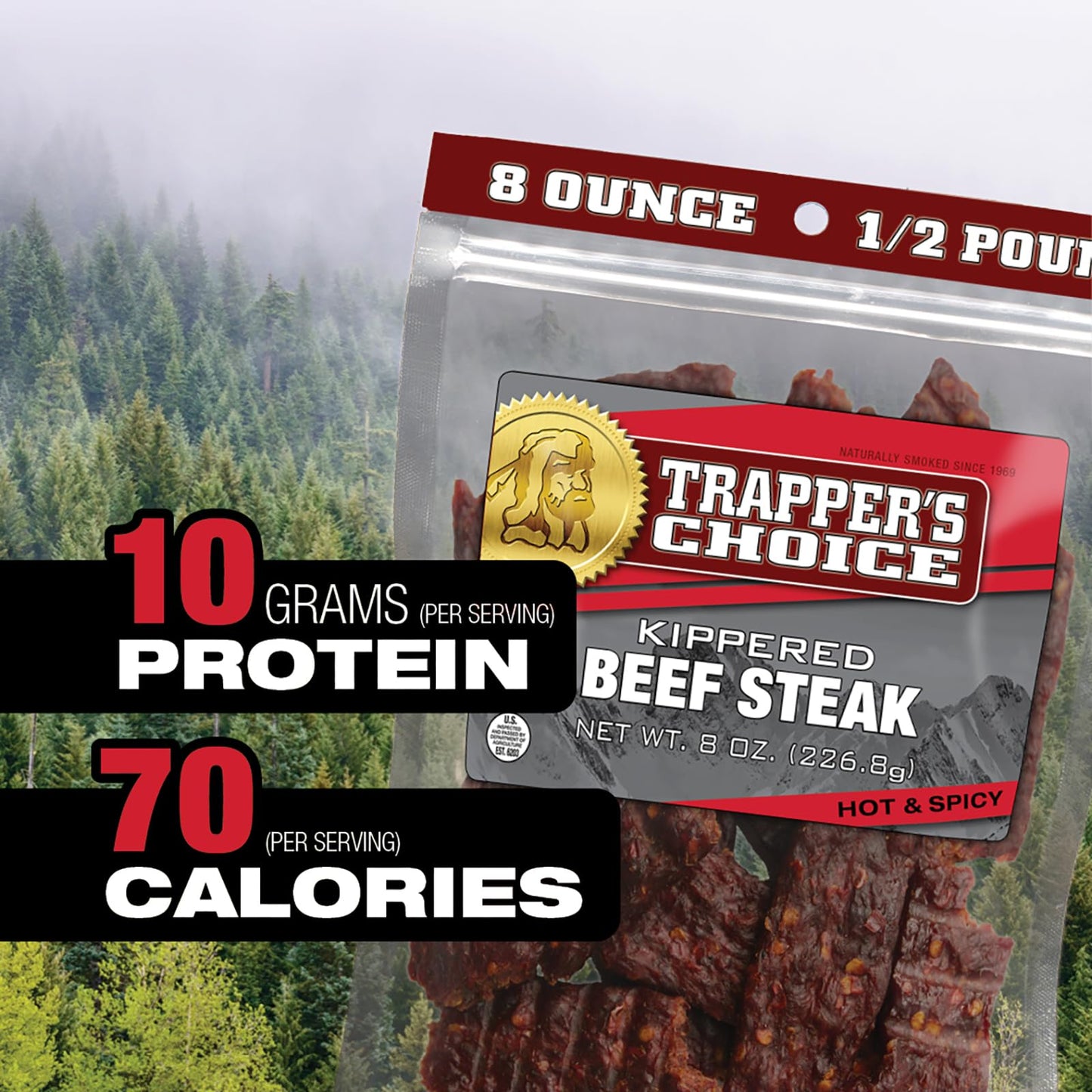 Old Trapper, Trapper'S Choice Hot & Spicy Kippered Beef Steak, Eight-Ounce Individual Package, 10 Grams Of Protein And 70 Calori