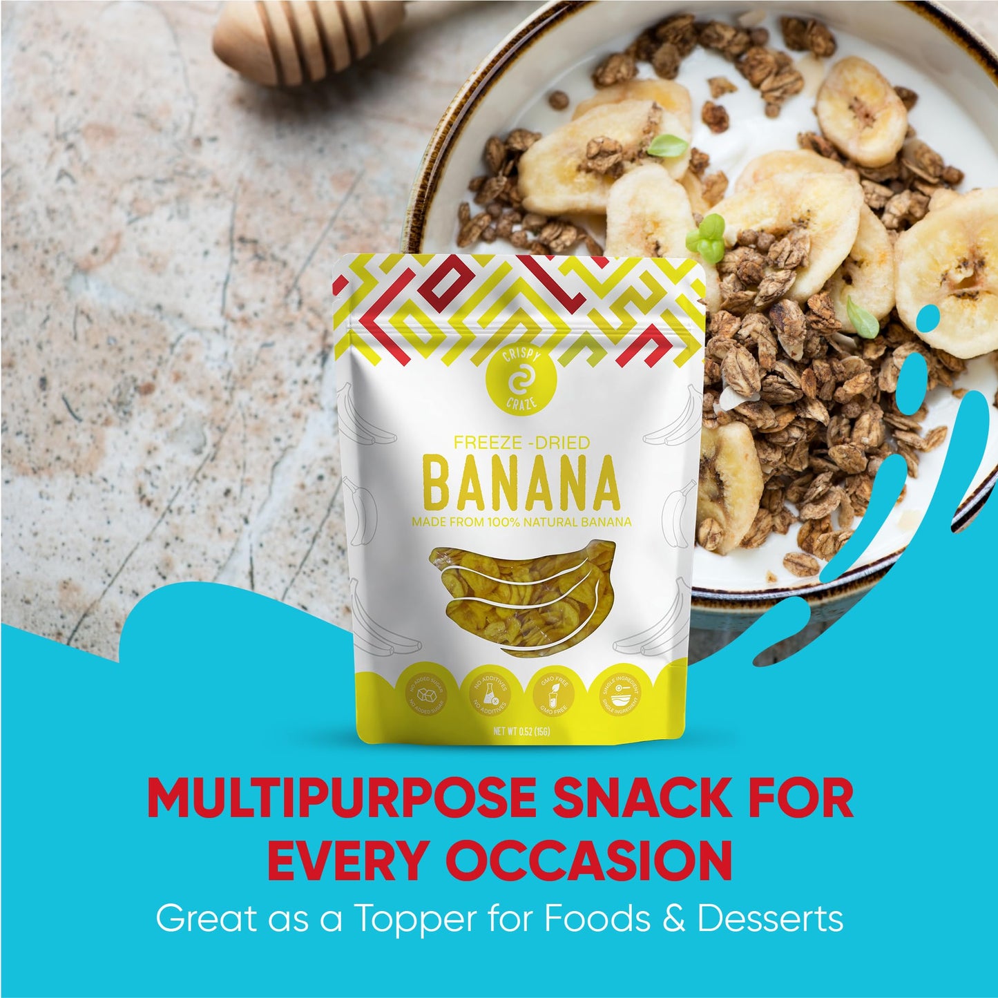 Crispy Craze Freeze Dried Bannans (24 Snack Sized Bags, 0.52 Oz Each), Sliced Banana Fruit Crisps, Non Gmo, Healthy Snack, No Ad