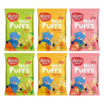 Slurrp Farm Teething Fruit And Vegetable Puffs | Baked Puff In Yummy Flavours- Carrot  Strawberry & Banana  Mango | Pack Of 6