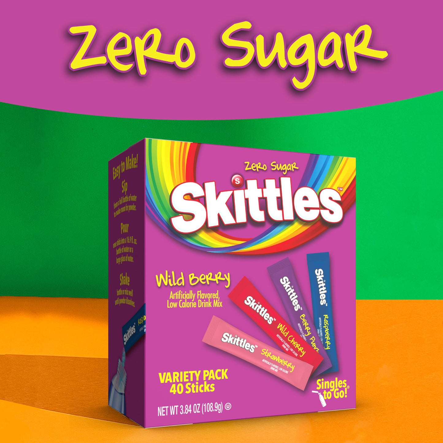 Skittles Singles To Go Wild Berry Variety Pack, Watertok Powdered Drink Mix, Zero Sugar, Low Calorie, Includes 4 Wild Berry Flav