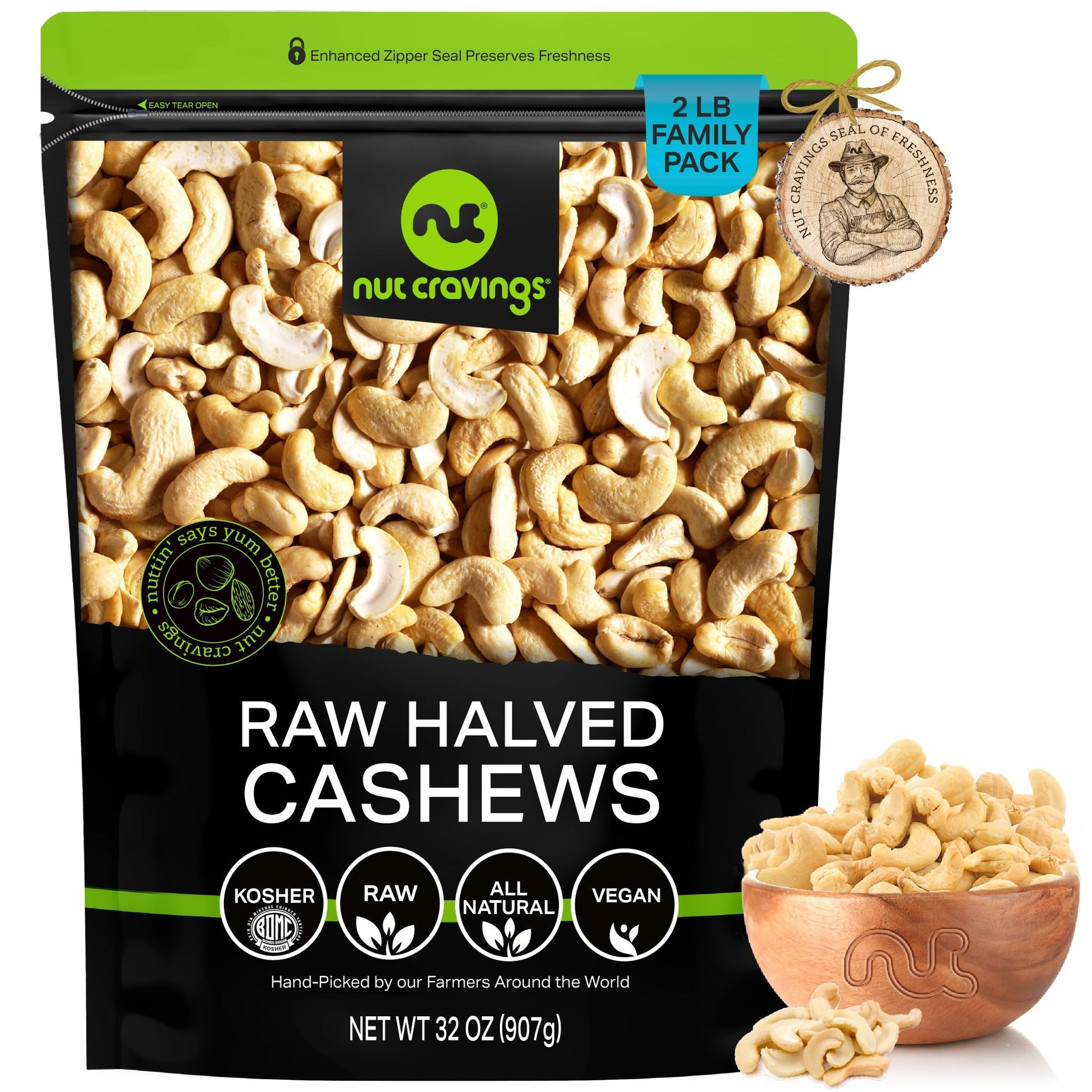 NUT CRAVINGS - Raw Cashew Halves & Pieces, Unsalted, Shelled, (32oz - 2 LB) Bulk Nuts Packed Fresh in Resealable Bag - Kosher He